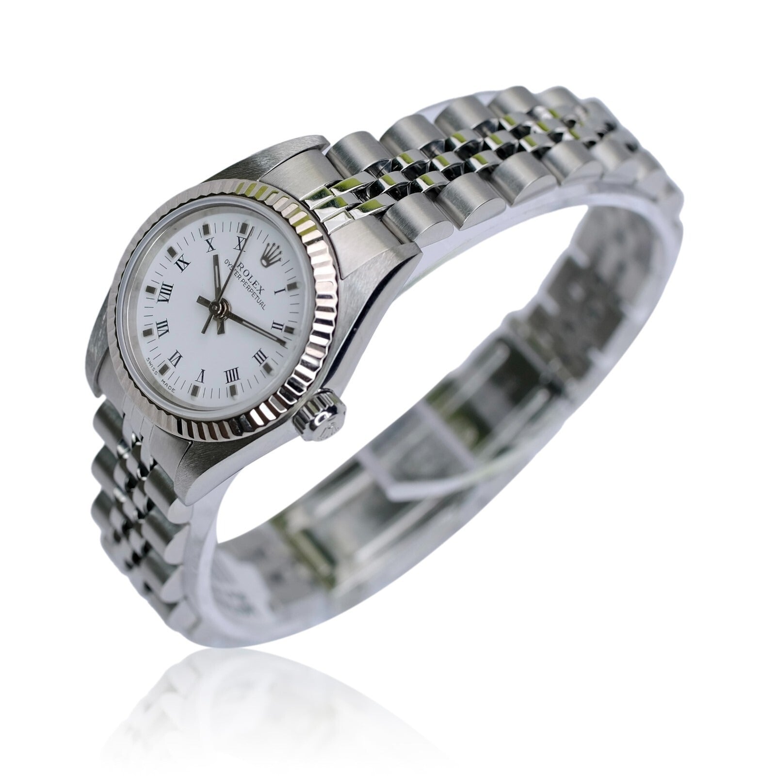 Rolex Ladies Watch Oyster Perpetual 18KW & SS White Dial Fluted Jubilee 76094 - Luxuriant Concierge