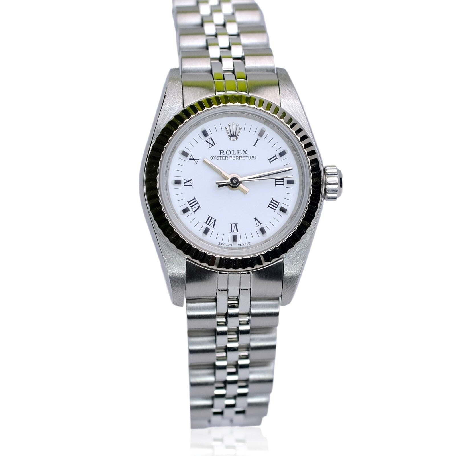 Rolex Ladies Watch Oyster Perpetual 18KW & SS White Dial Fluted Jubilee 76094 - Luxuriant Concierge