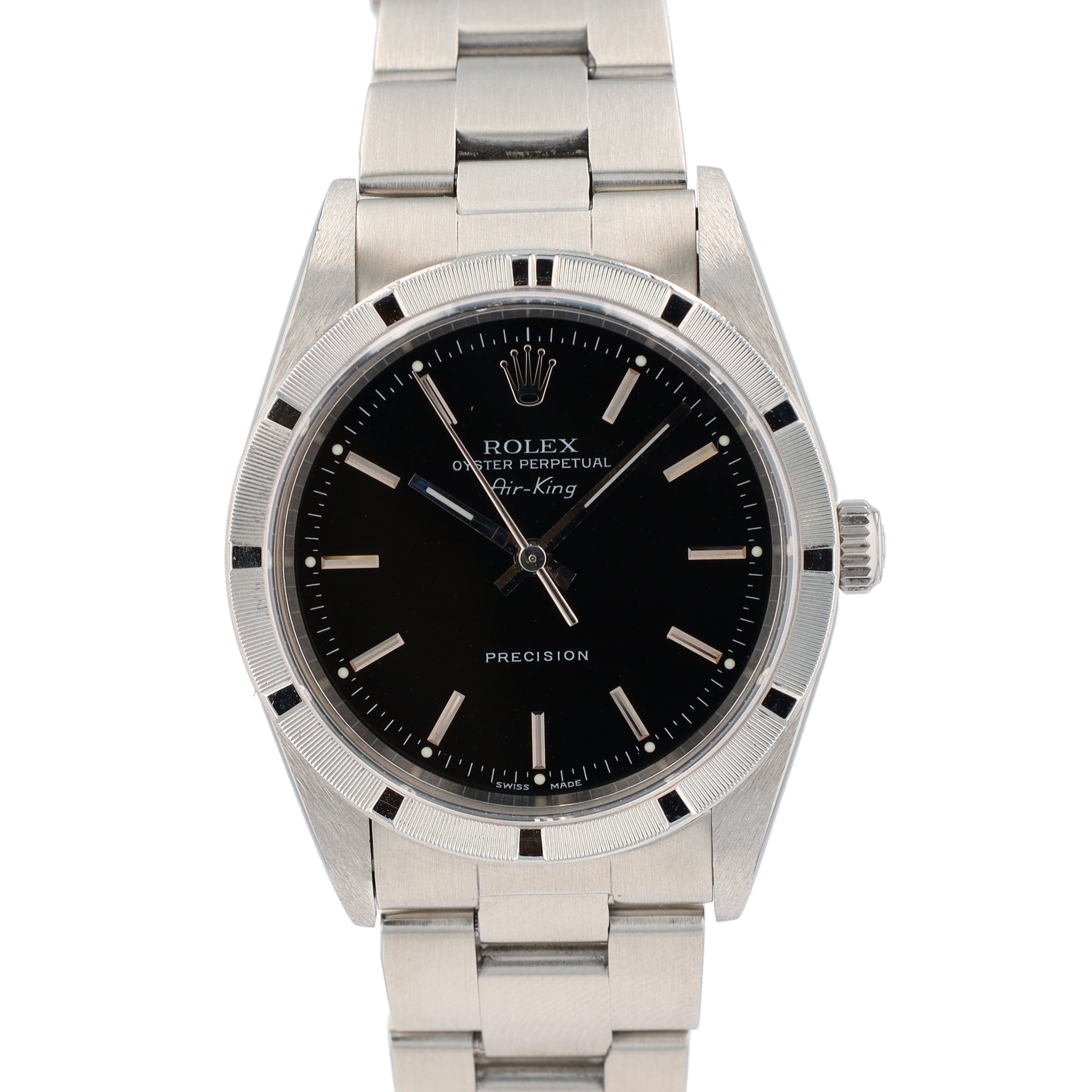 Rolex Air-King 14010M 34mm Black Index Dial Engine-turned Bezel Oyster Band - Luxuriant Concierge