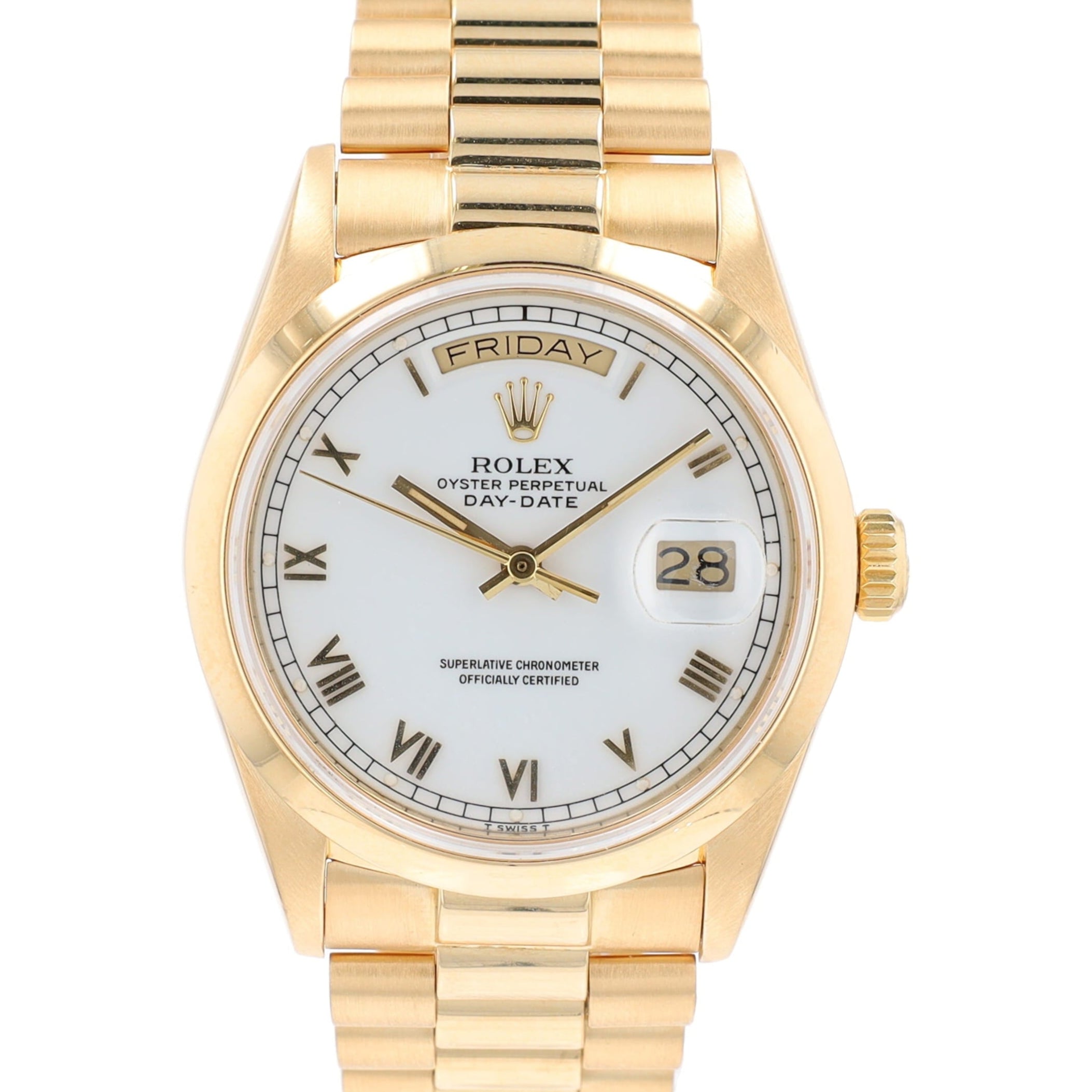 Rolex Day-Date 18038 36mm White Skinny Roman Numeral Dial Smooth Bezel President Band - Luxuriant Concierge