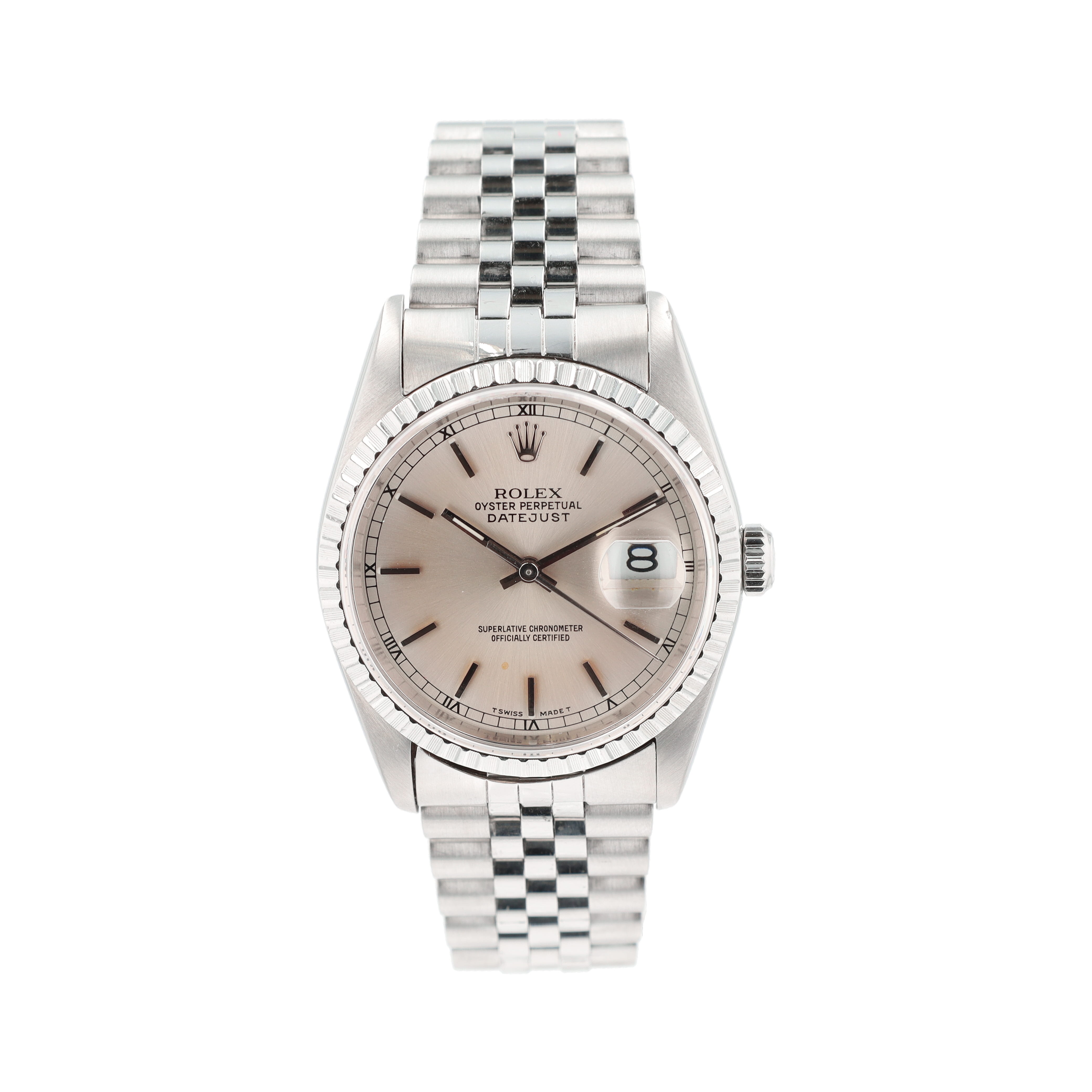 Rolex Datejust  16220 36mm Silver (Patina) Index Dial Engine-turned Bezel Jubilee Band