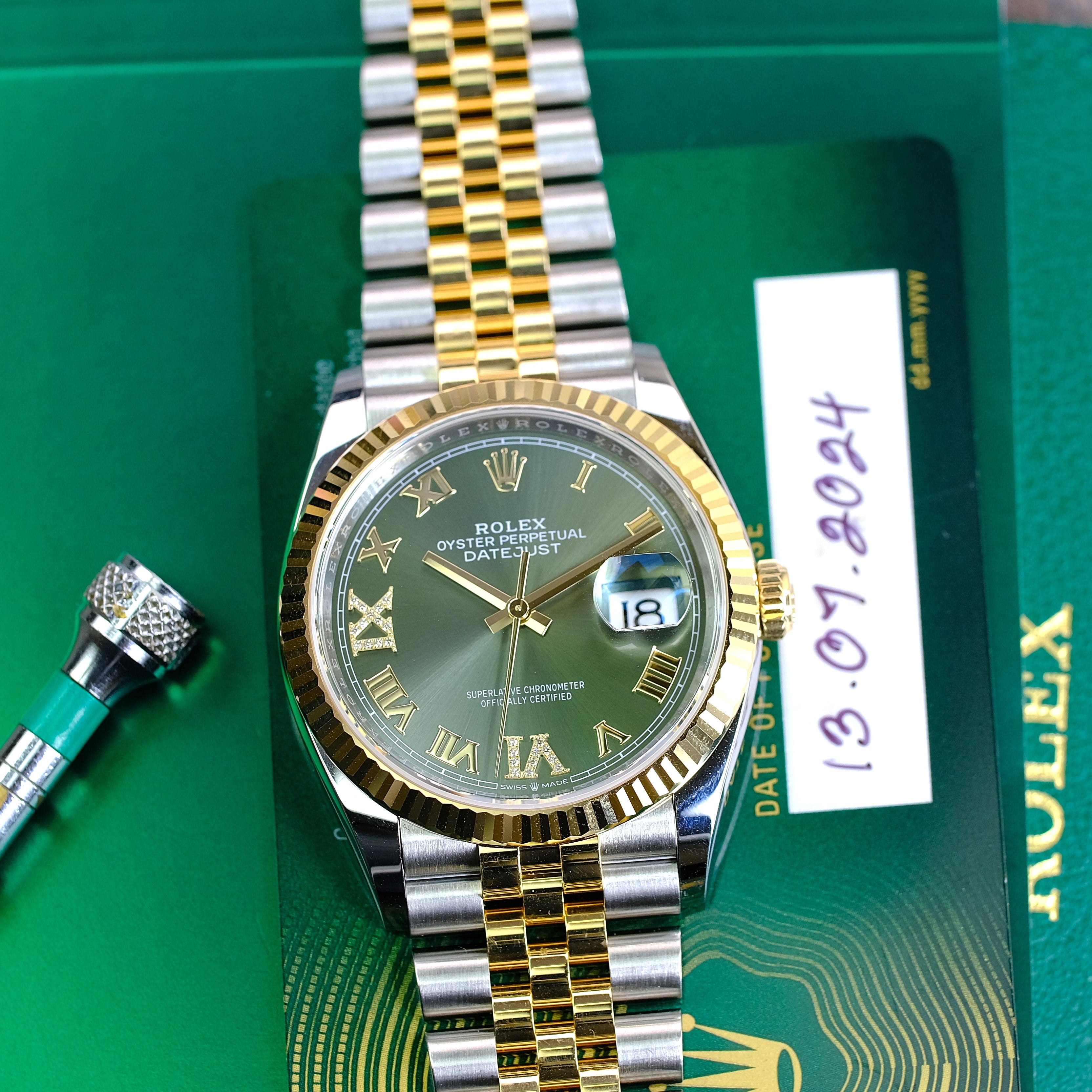 Box & Paper Rolex Datejust 126233 Green Diamond Roman Dial 36mm Fluted Bezel Jubilee Band