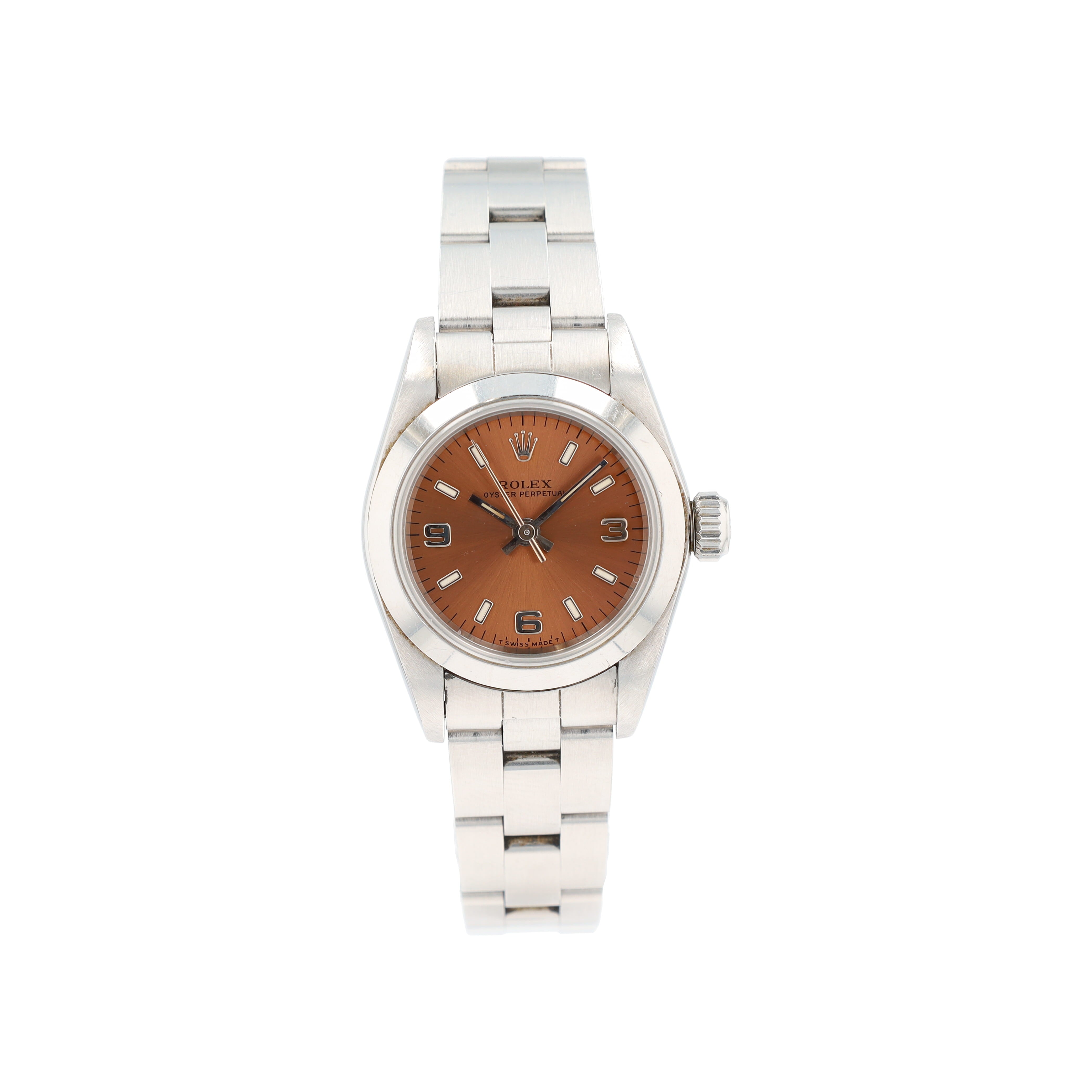 B&P Rolex Oyster Perpetual 67180 25mm Salmon Index & Arabic Dial Smooth Bezel Oyster Band