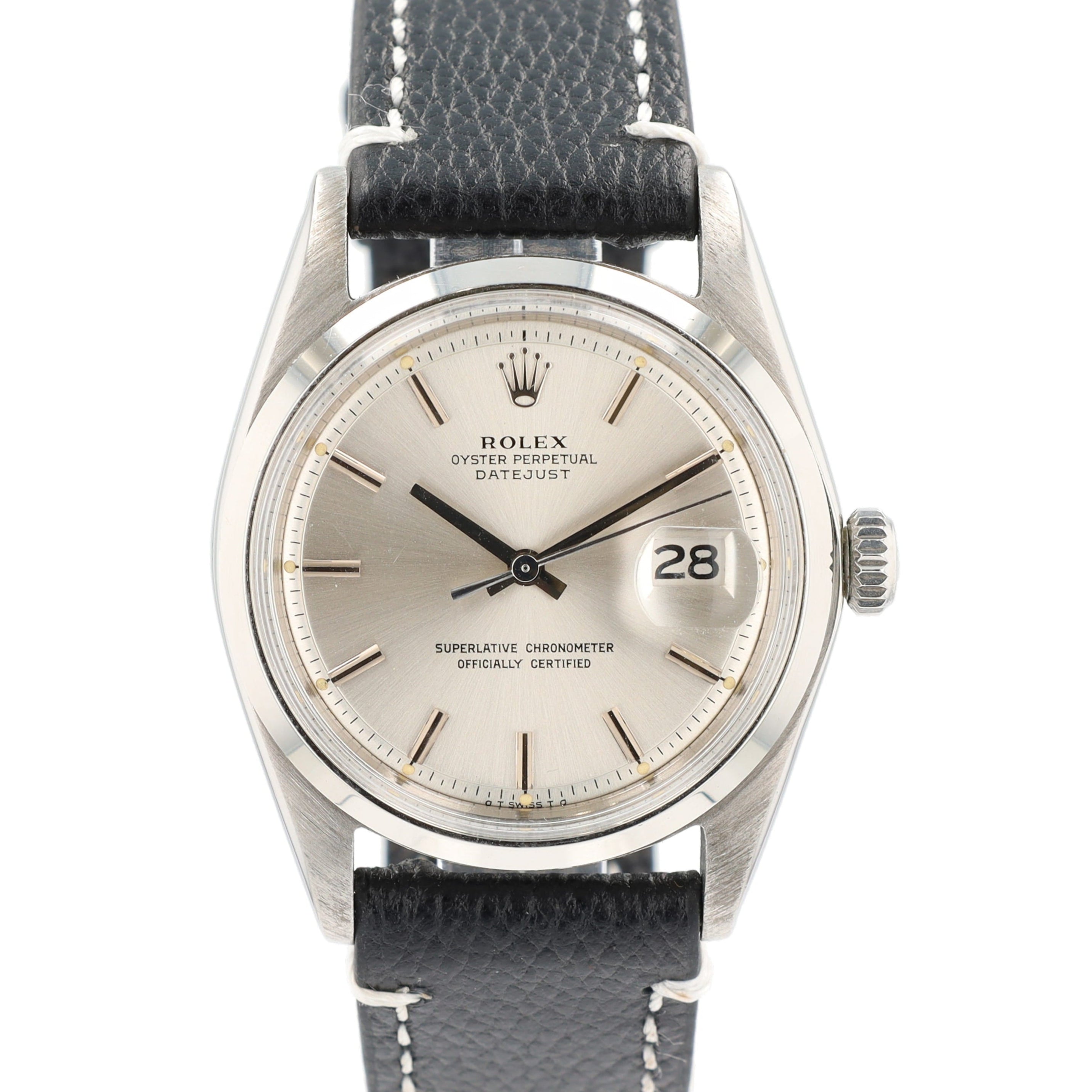 Rolex Datejust  1601 36mm Silver Black-line Index Dial Smooth Bezel AM Black Leather Band - Luxuriant Concierge