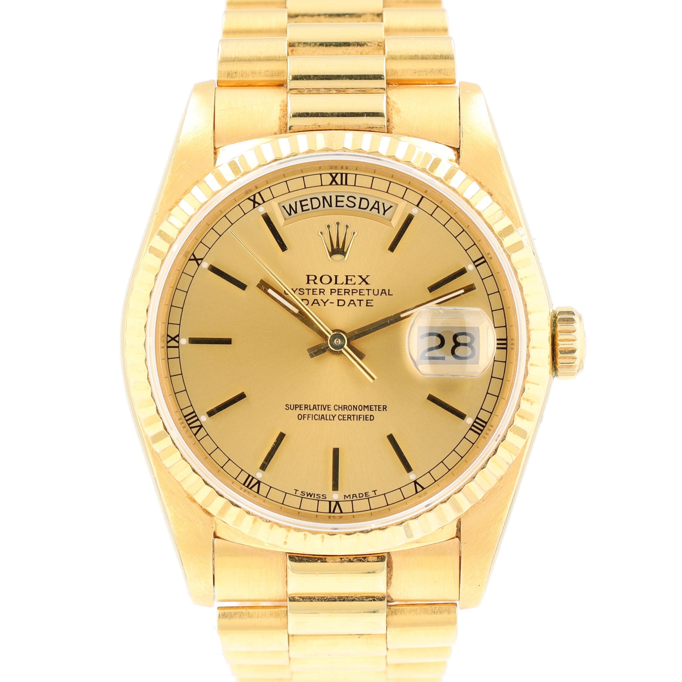 Rolex Day-Date 18238 36mm Champagne Index Dial Fluted Bezel President Band - Luxuriant Concierge
