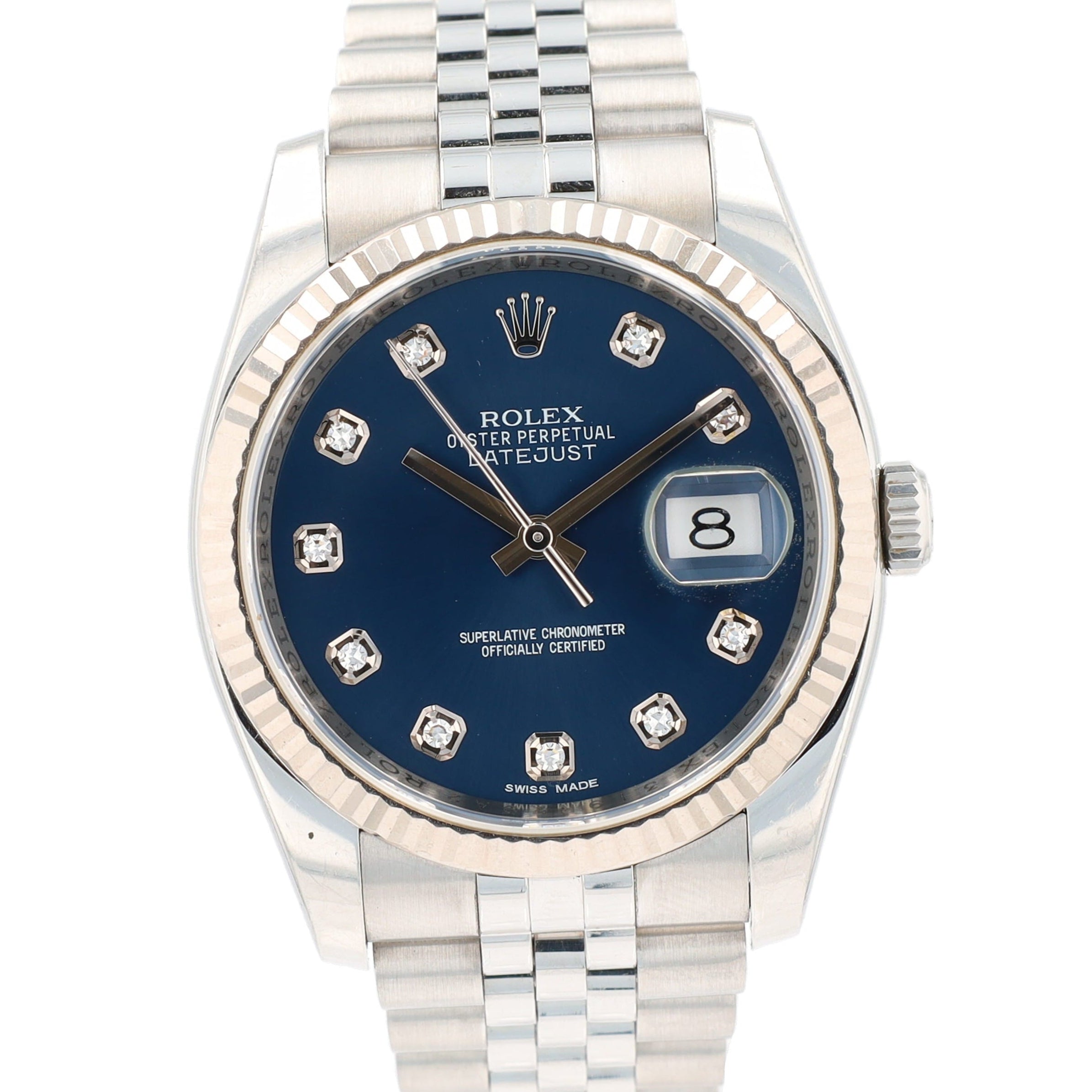 B&P Rolex Datejust 116234 36mm Blue Diamond (N.S) Dial Fluted Bezel Jubilee Band - Luxuriant Concierge