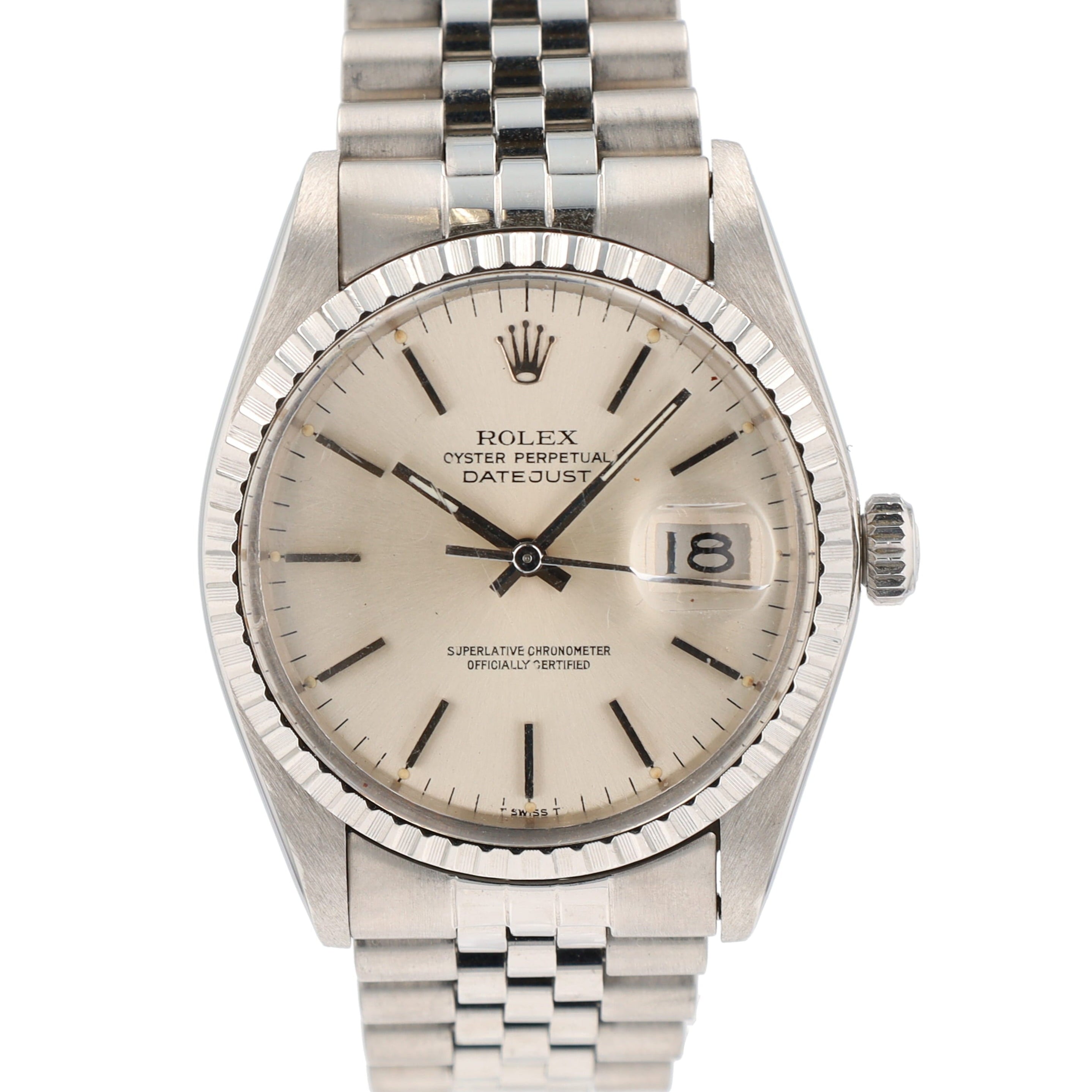 Rolex Datejust  16030 36mm Silver Index Dial Engine-turned Bezel Jubilee Band - Luxuriant Concierge