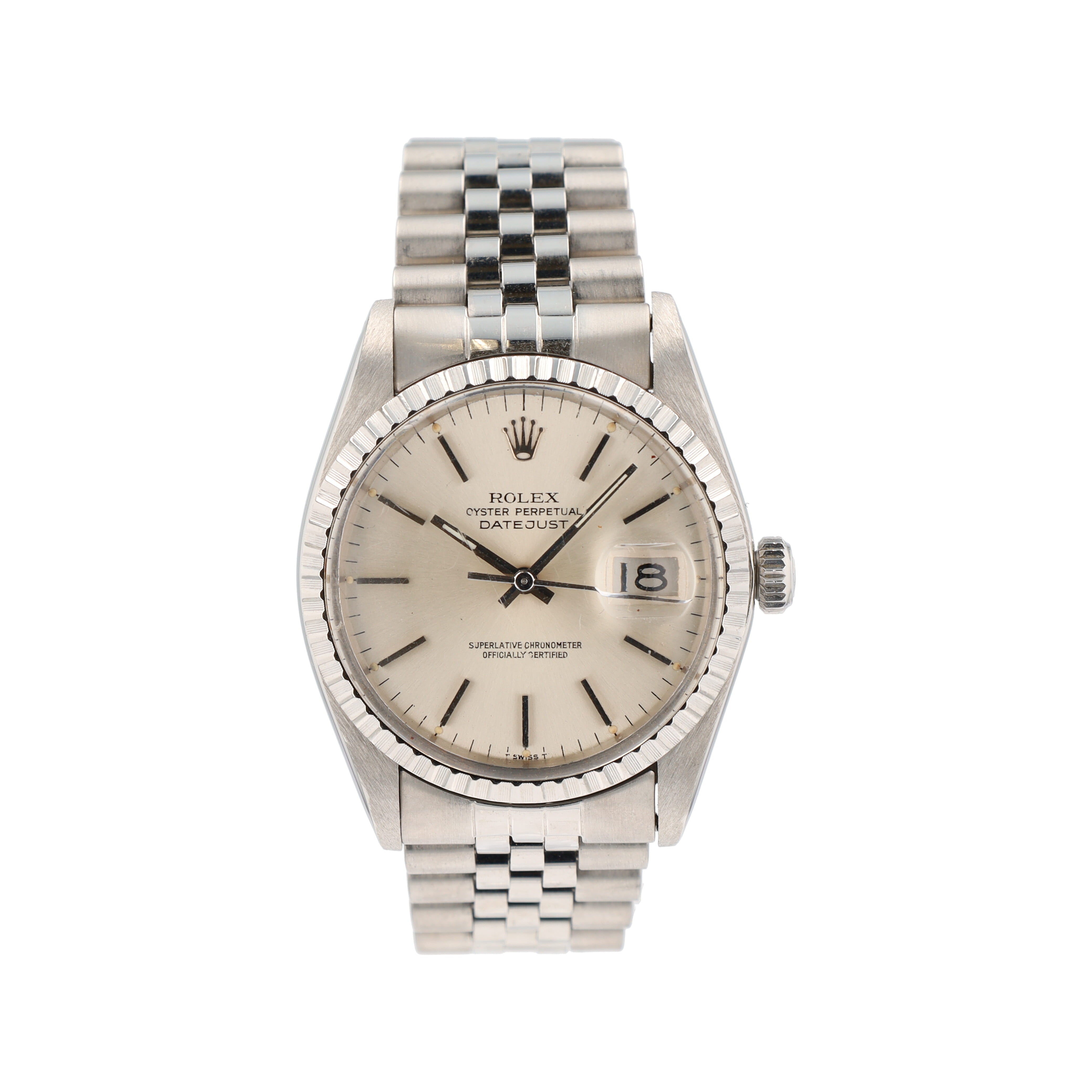 Rolex Datejust  16030 36mm Silver Index Dial Engine-turned Bezel Jubilee Band