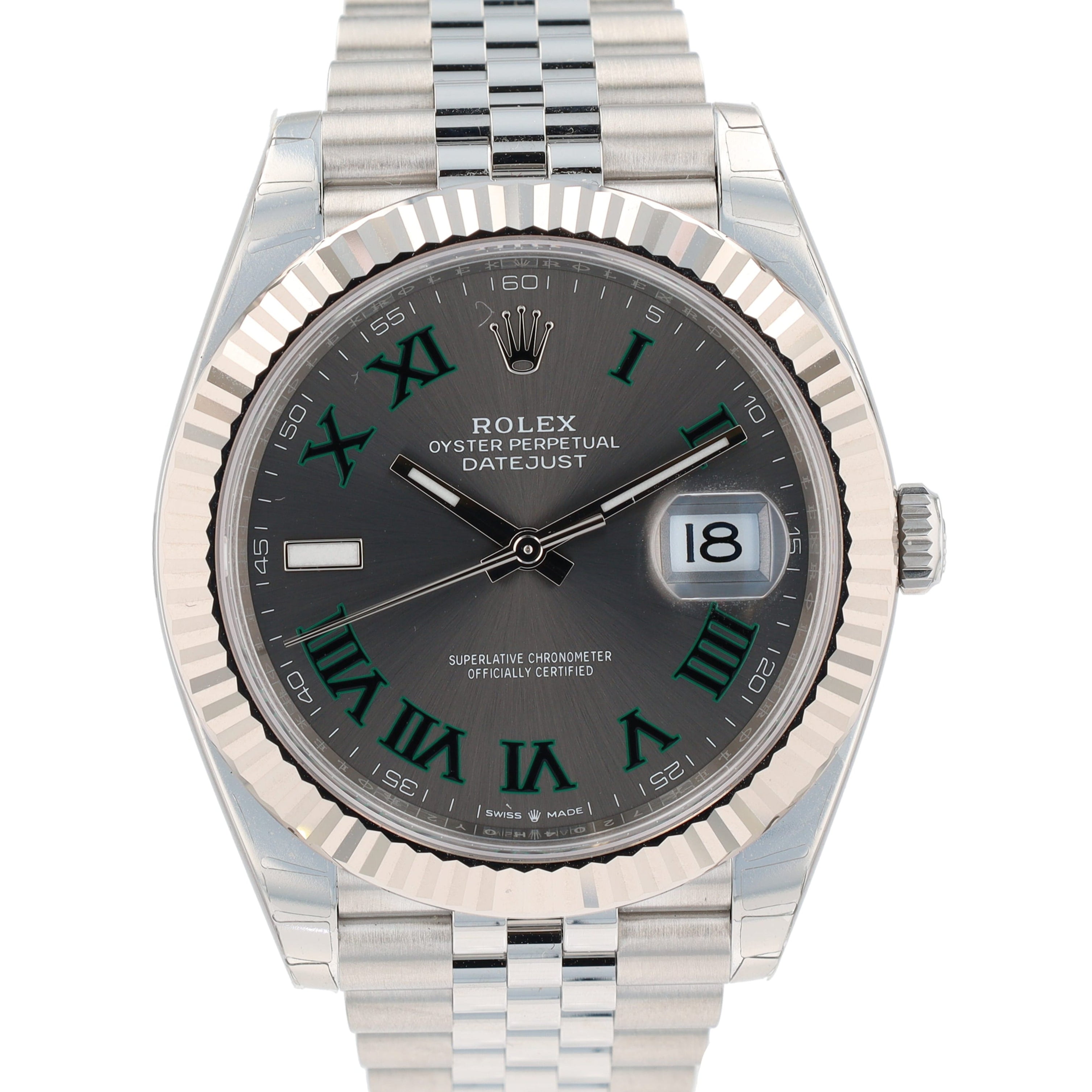 B&P Rolex  Datejust 41 126334 41mm Wimbledon Roman Dial Fluted Bezel Jubilee Band - Luxuriant Concierge