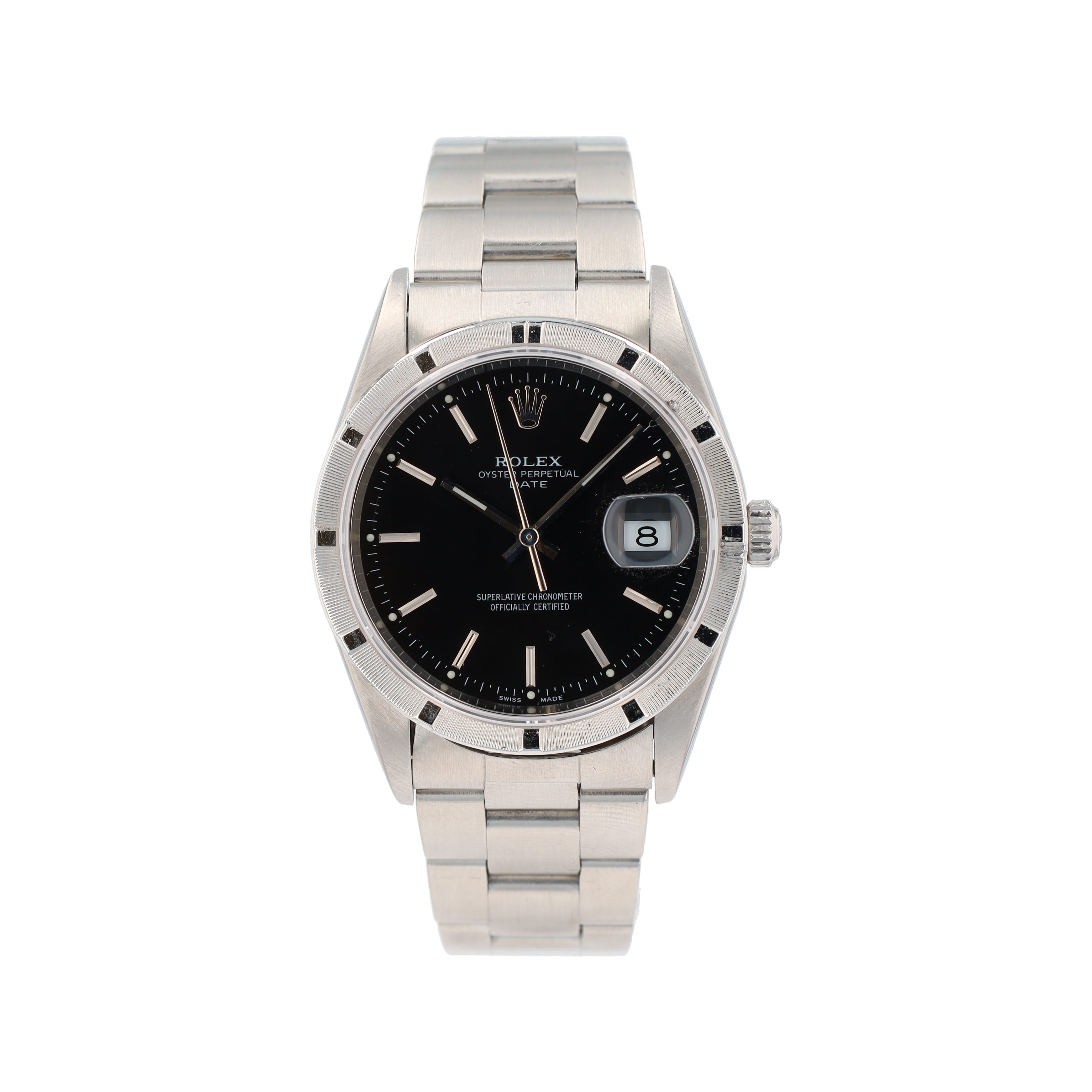 Rolex Date 15210 34mm Black Index Dial Engine-Turned Bezel Oyster Band