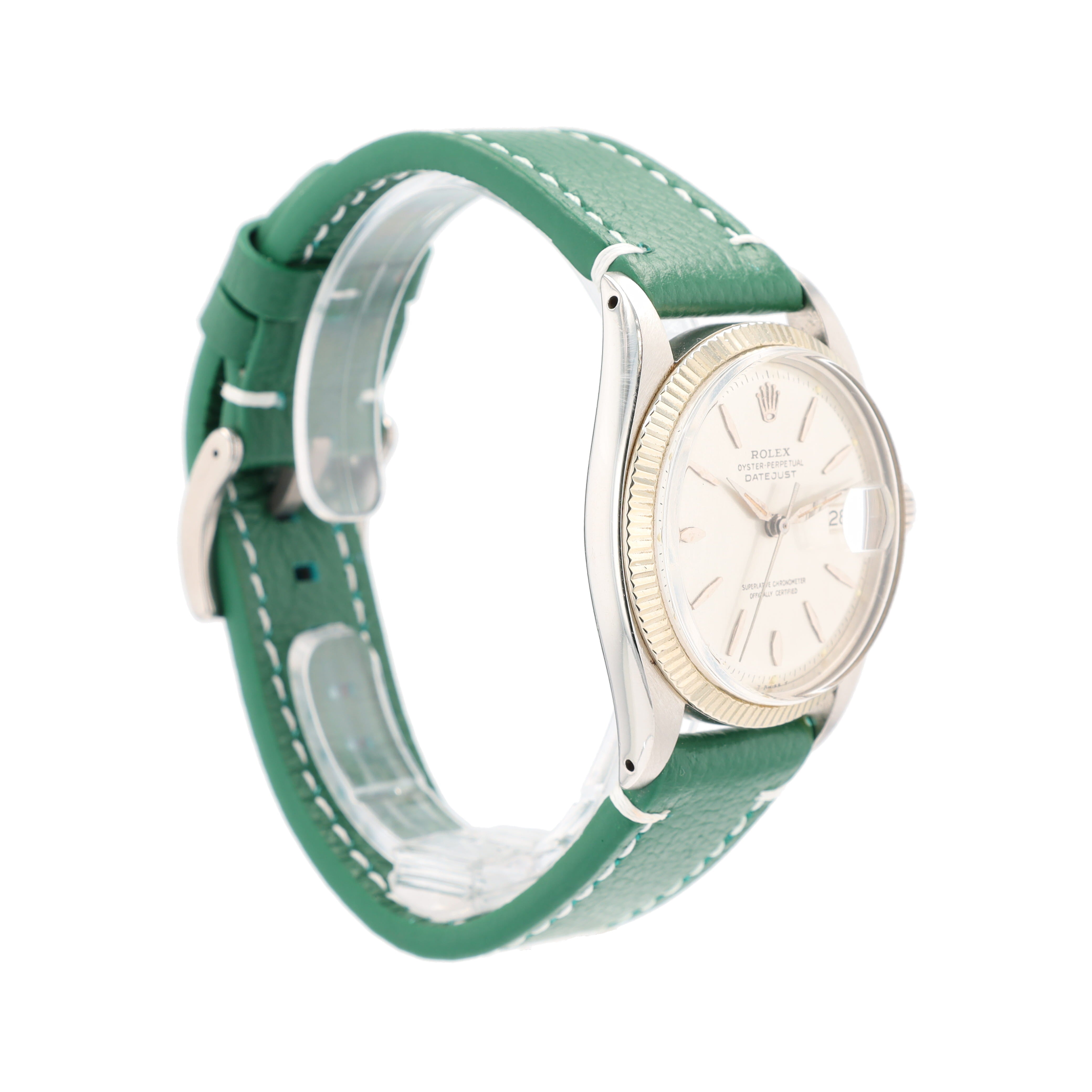 Rolex Datejust  1601 36mm Silver Dauphine 8+2 Pointed Index Dial Fluted Bezel AM Green Leather Band