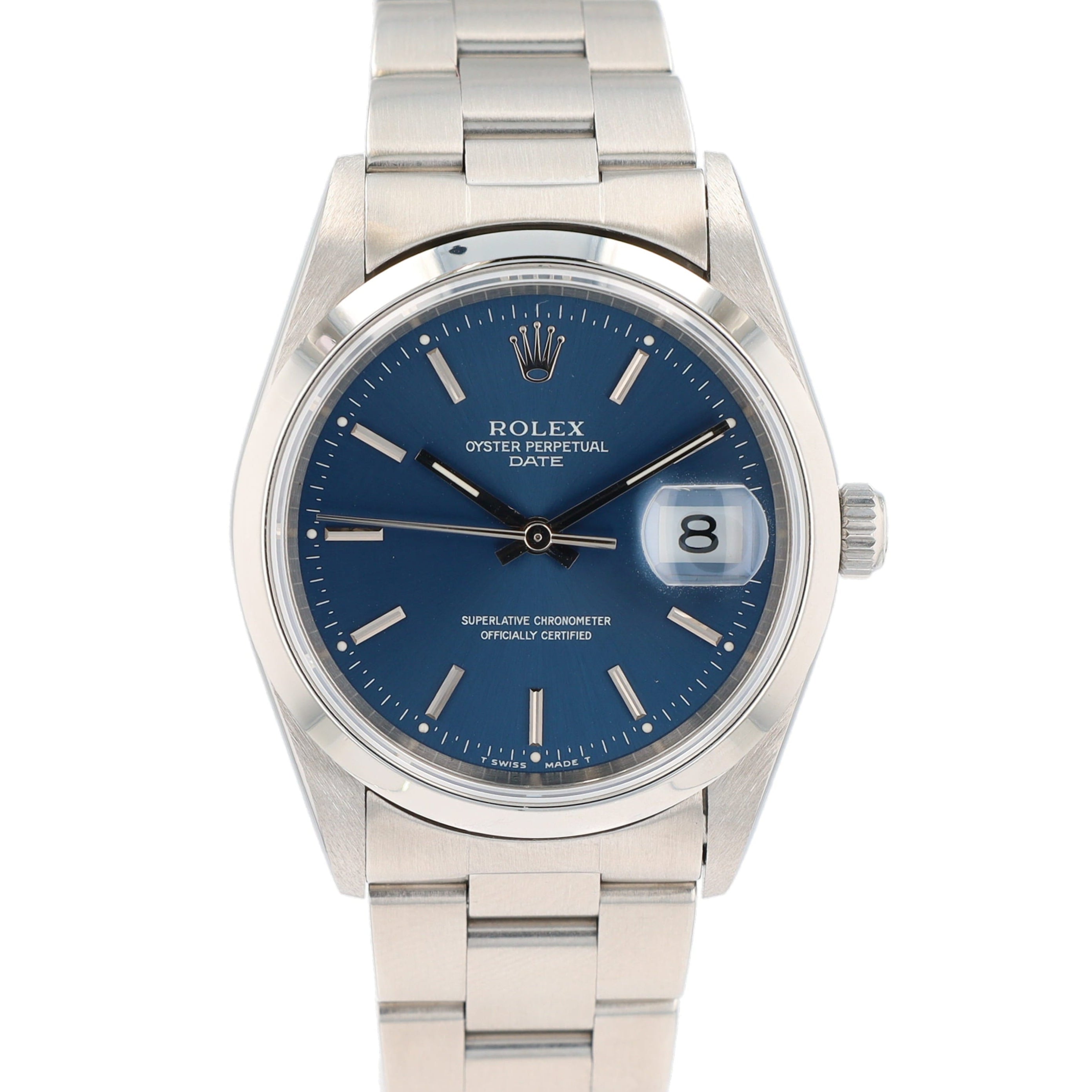 Rolex Date 15200 34mm Blue Index Dial Smooth Bezel Oyster Band - Luxuriant Concierge