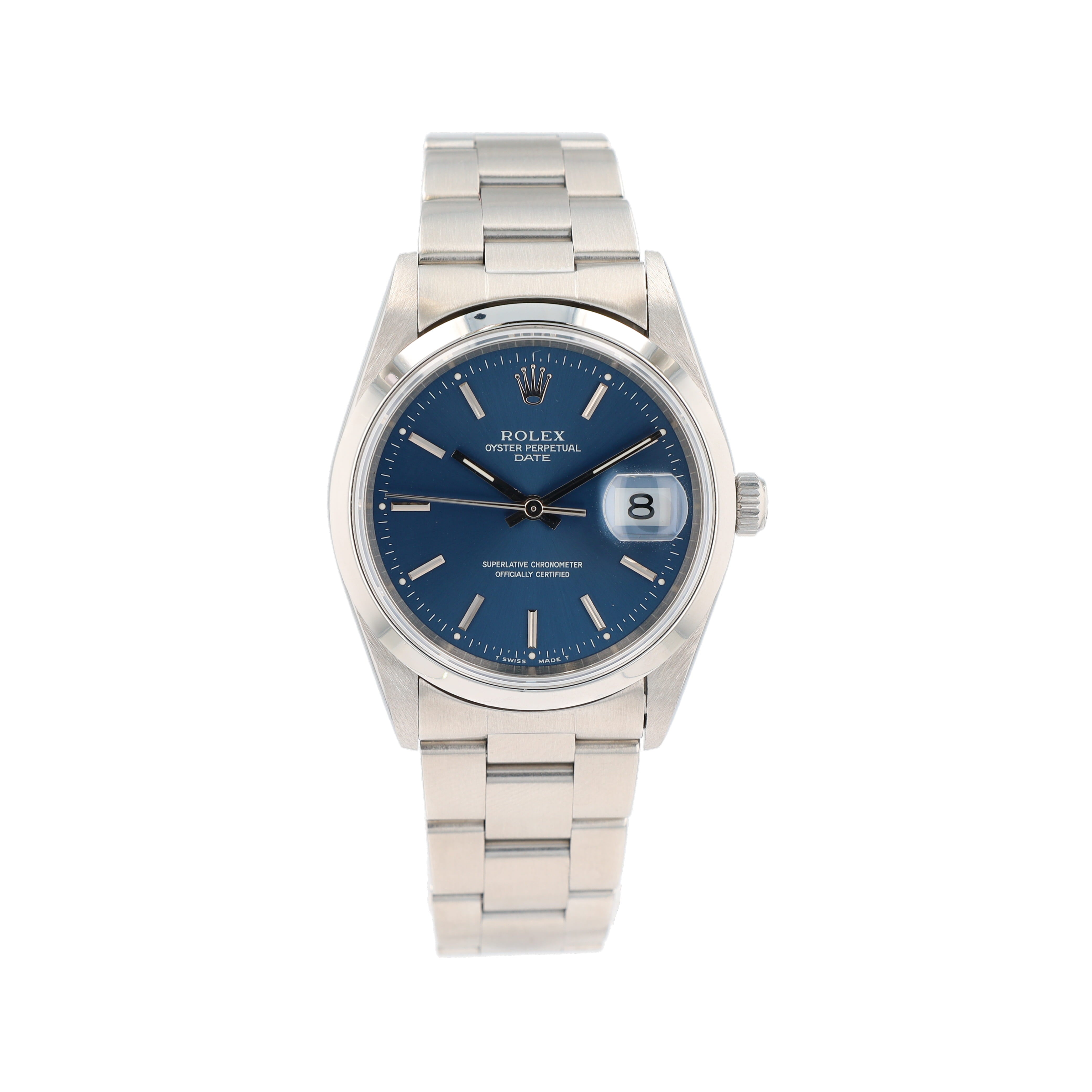 Rolex Date 15200 34mm Blue Index Dial Smooth Bezel Oyster Band