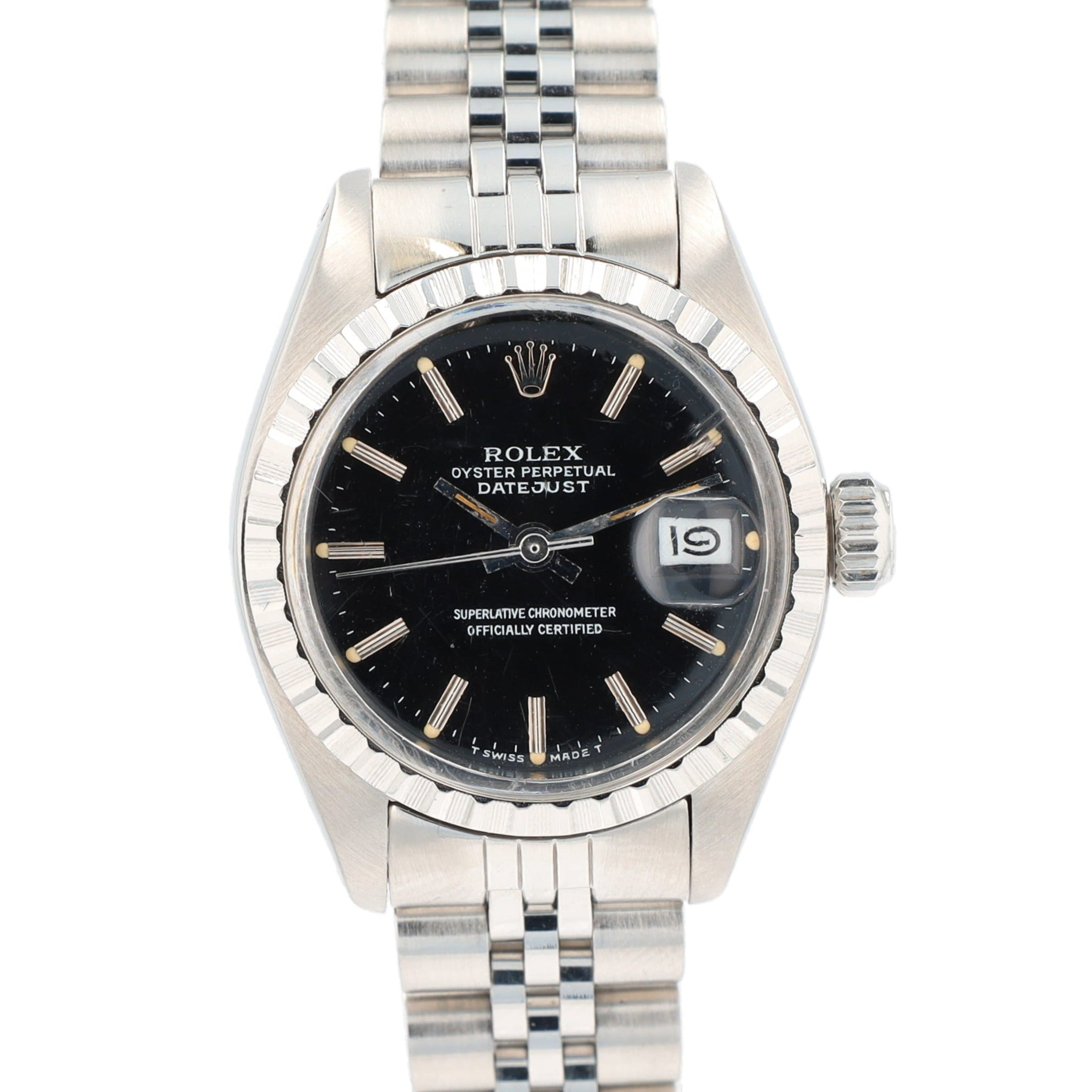 Rolex Datejust  6924 26mm Black Index Dial Engine-turned Bezel Jubilee Band - Luxuriant Concierge
