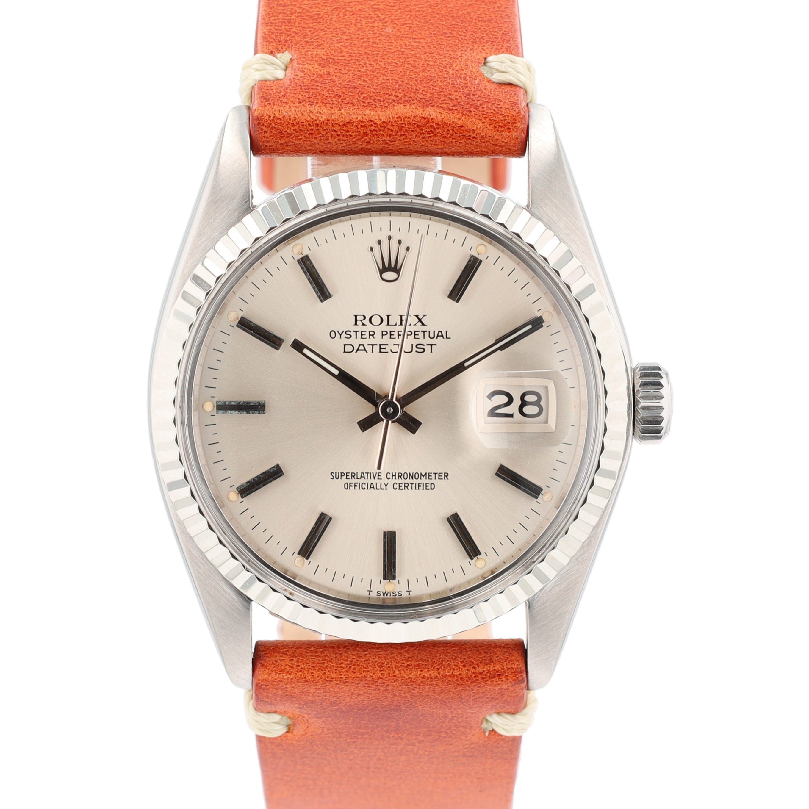 Rolex Datejust 16014 36mm Silver Index-Fatboy Dial Fluted Bezel Orange Leather Band - Luxuriant Concierge