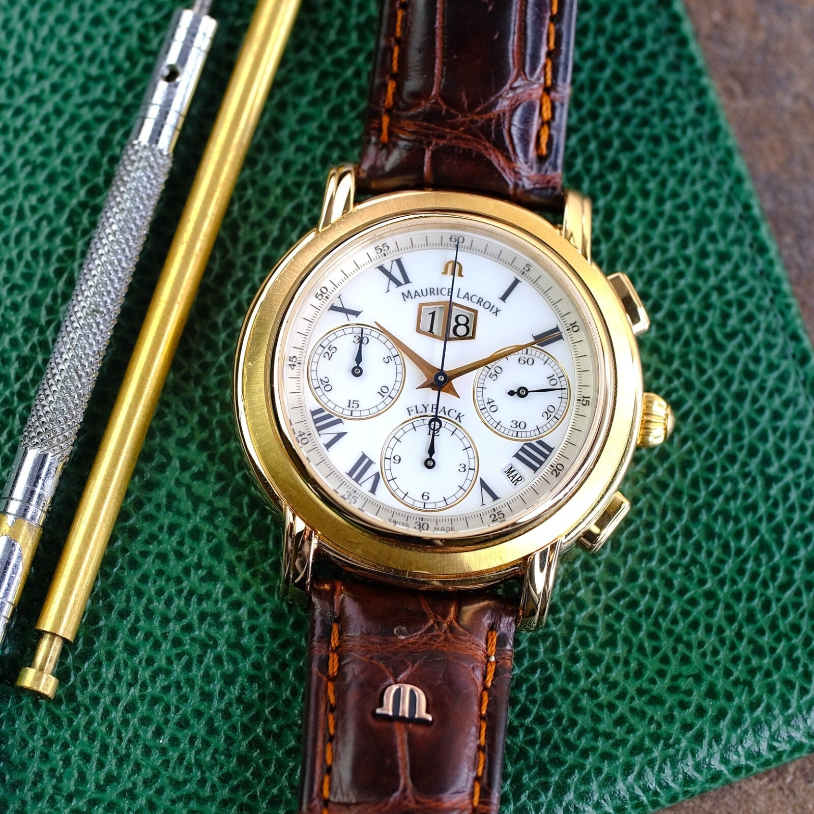 Maurice Lacroix MP Flyback  15829 White Chrono Roman Dial Leather Band Watch