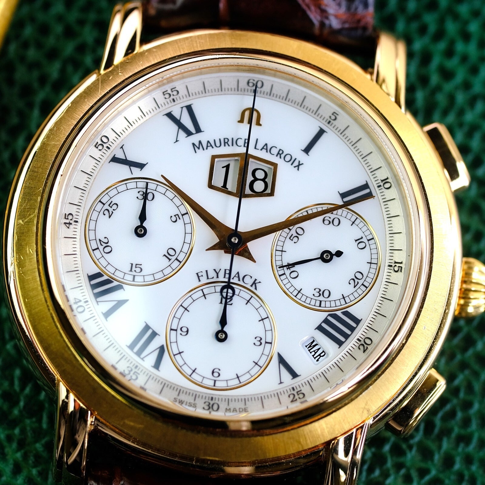 Maurice Lacroix MP Flyback  15829 White Chrono Roman Dial Leather Band Watch