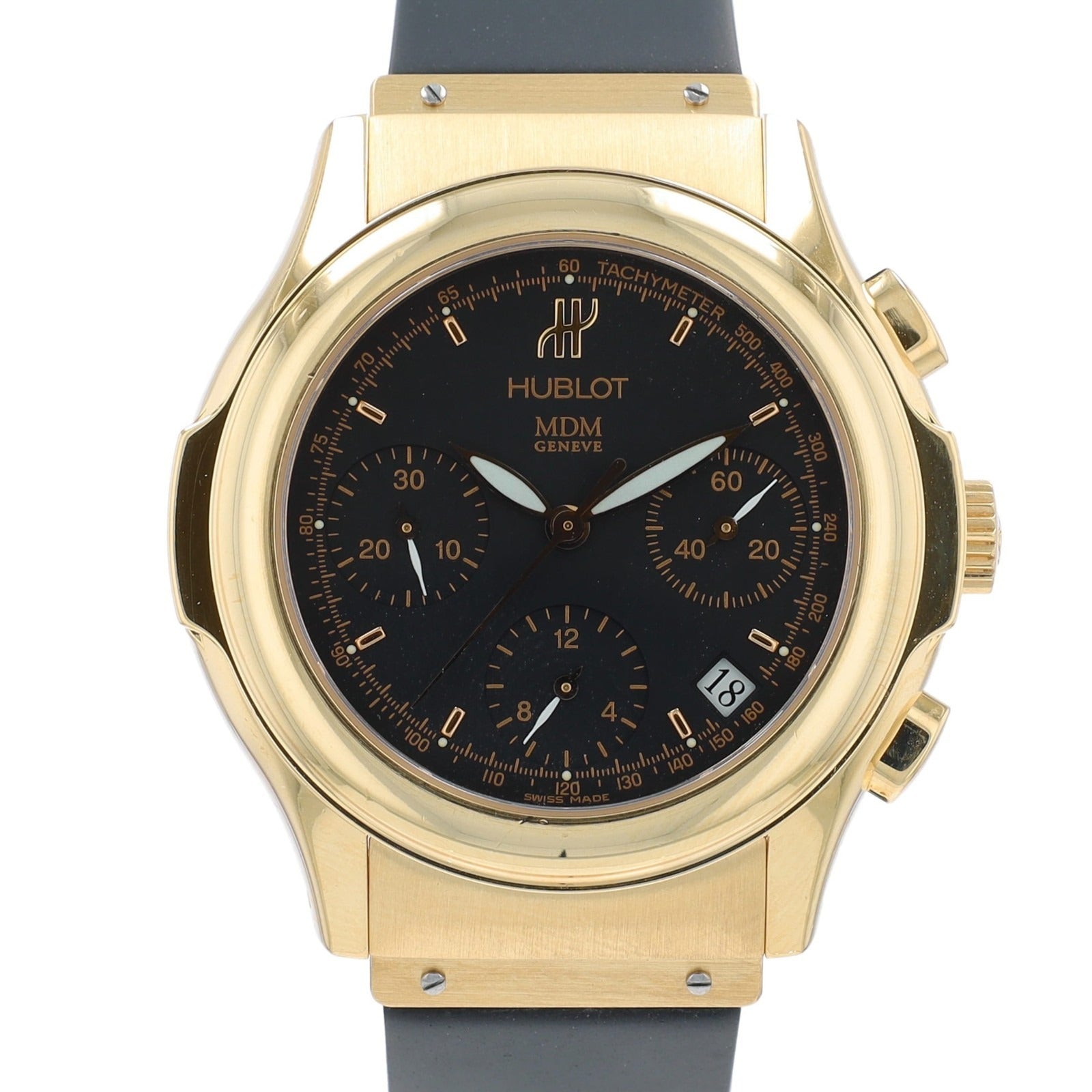 Hublot Mens Watch Solid 18K Yellow Gold Black Chronograph Dial Black Rubber Band