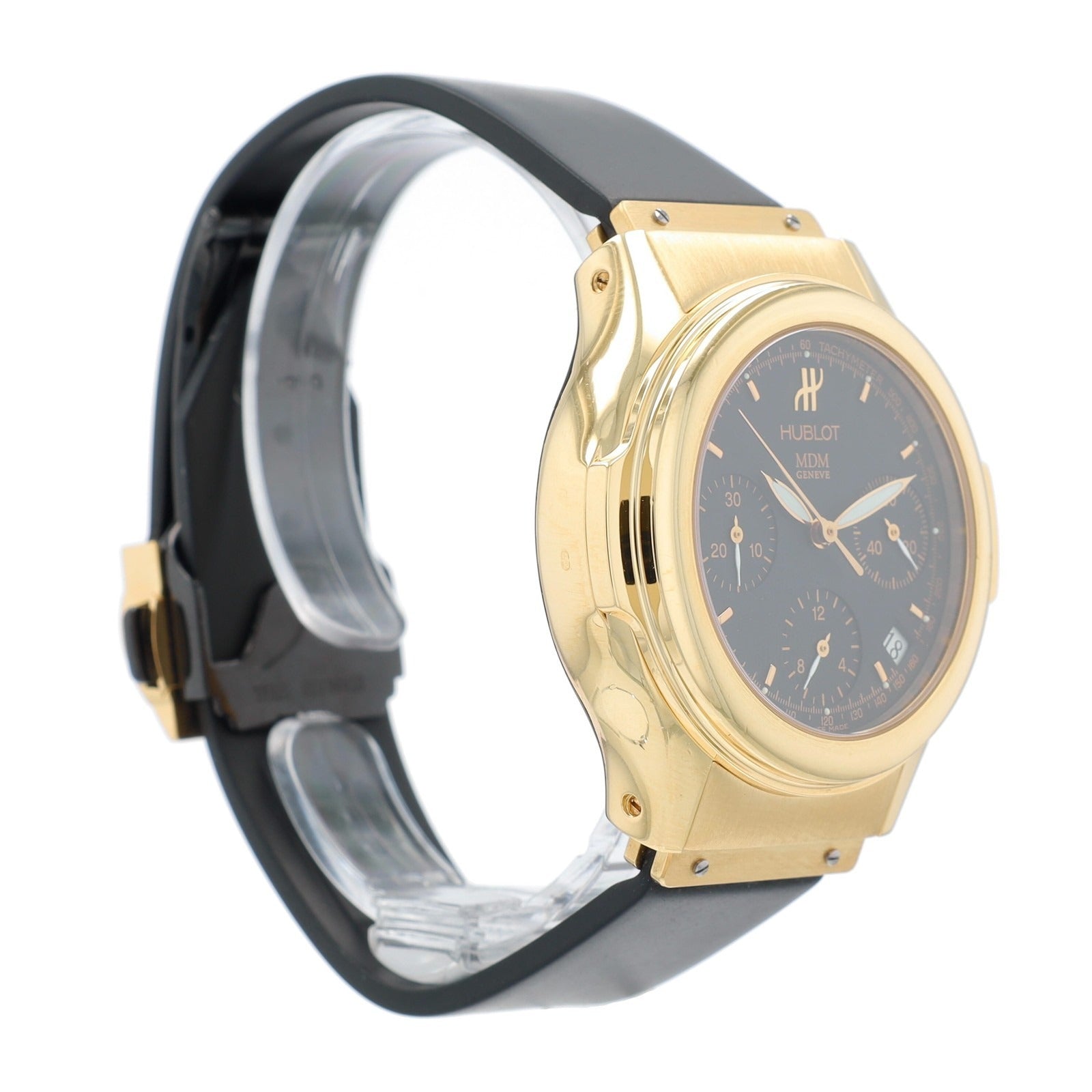 Hublot Mens Watch Solid 18K Yellow Gold Black Chronograph Dial Black Rubber Band