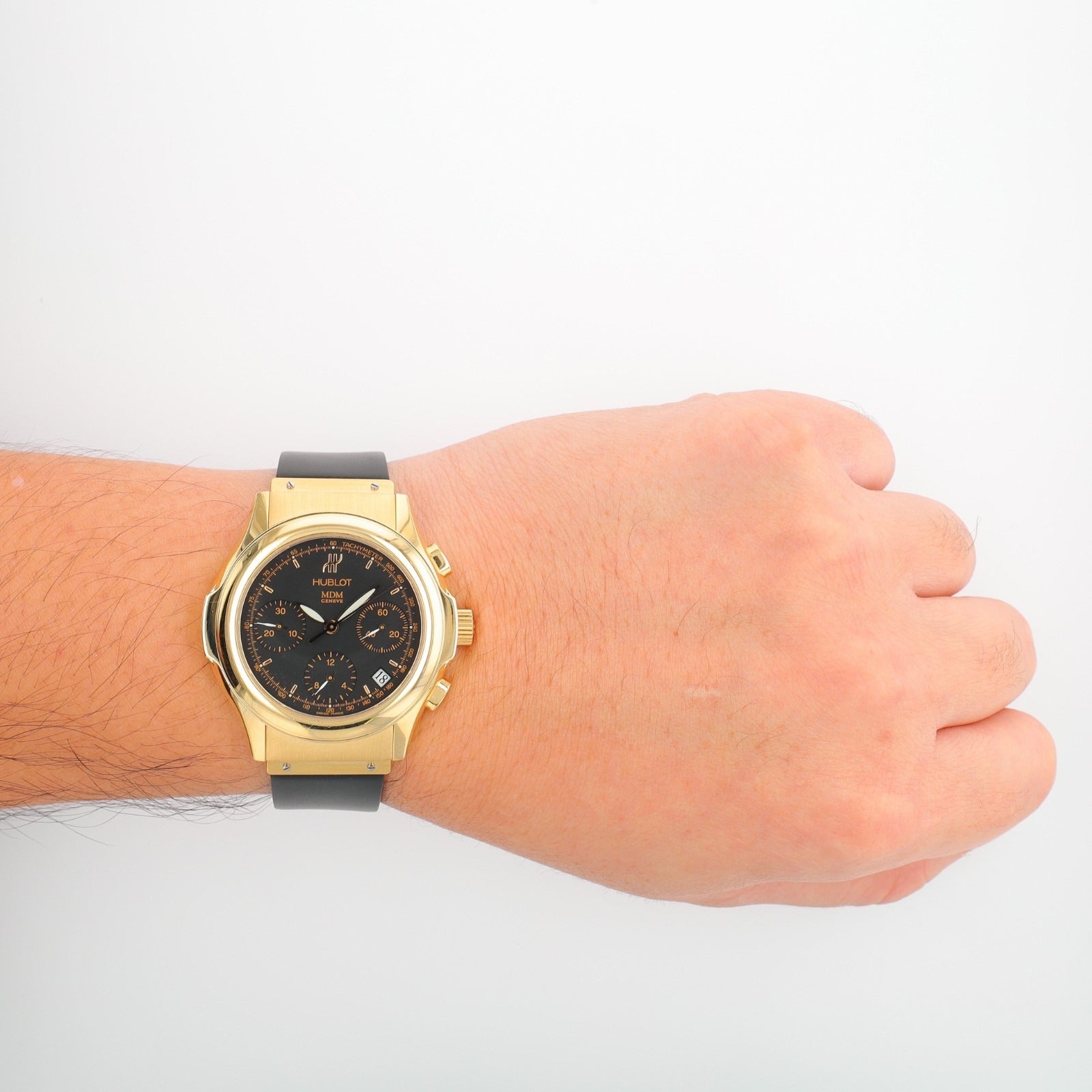 Hublot Mens Watch Solid 18K Yellow Gold Black Chronograph Dial Black Rubber Band
