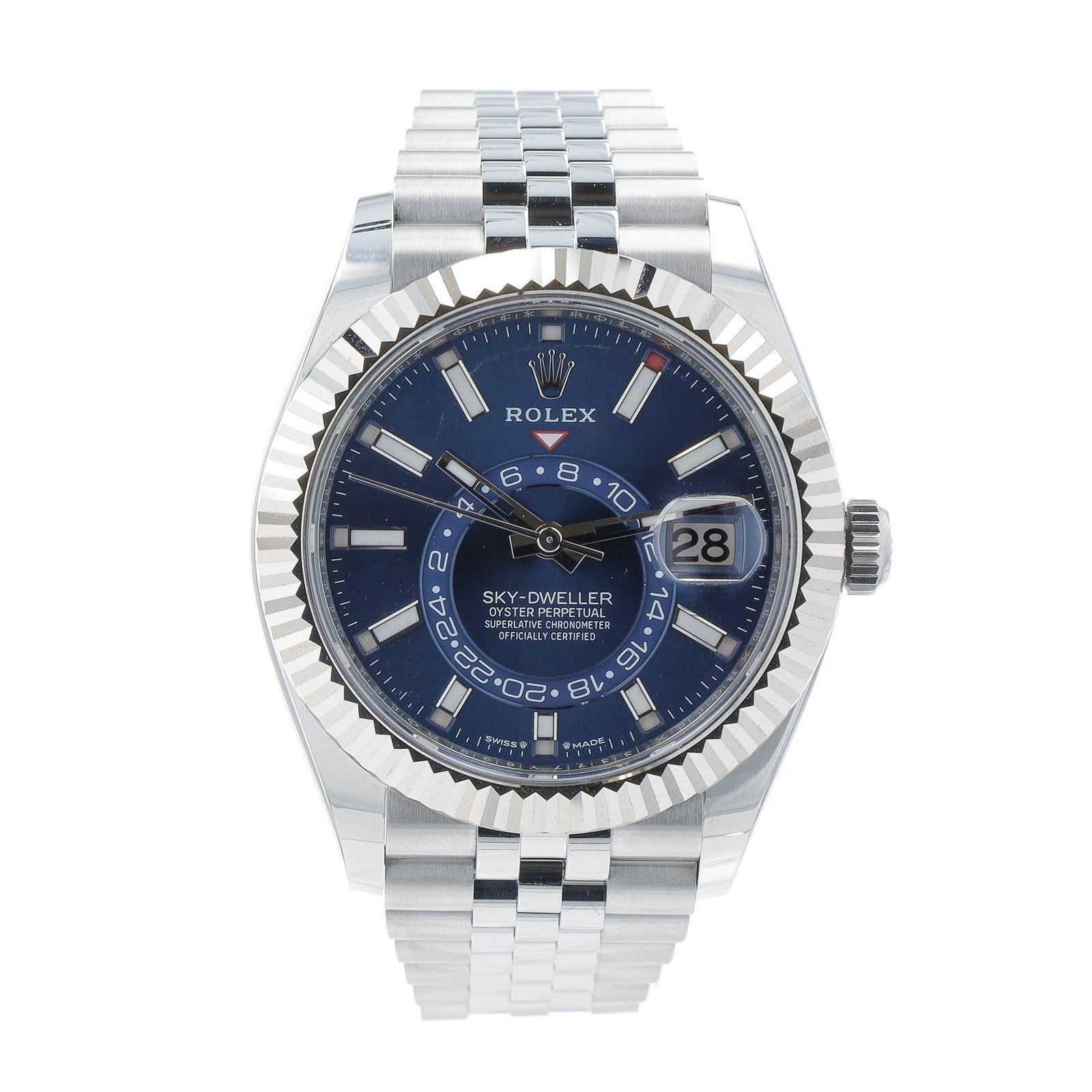 Rolex Mens Sky-Dweller 326934 42mm 18KW & Steel Blue Dial Jubilee Band Watch - Luxuriant Concierge