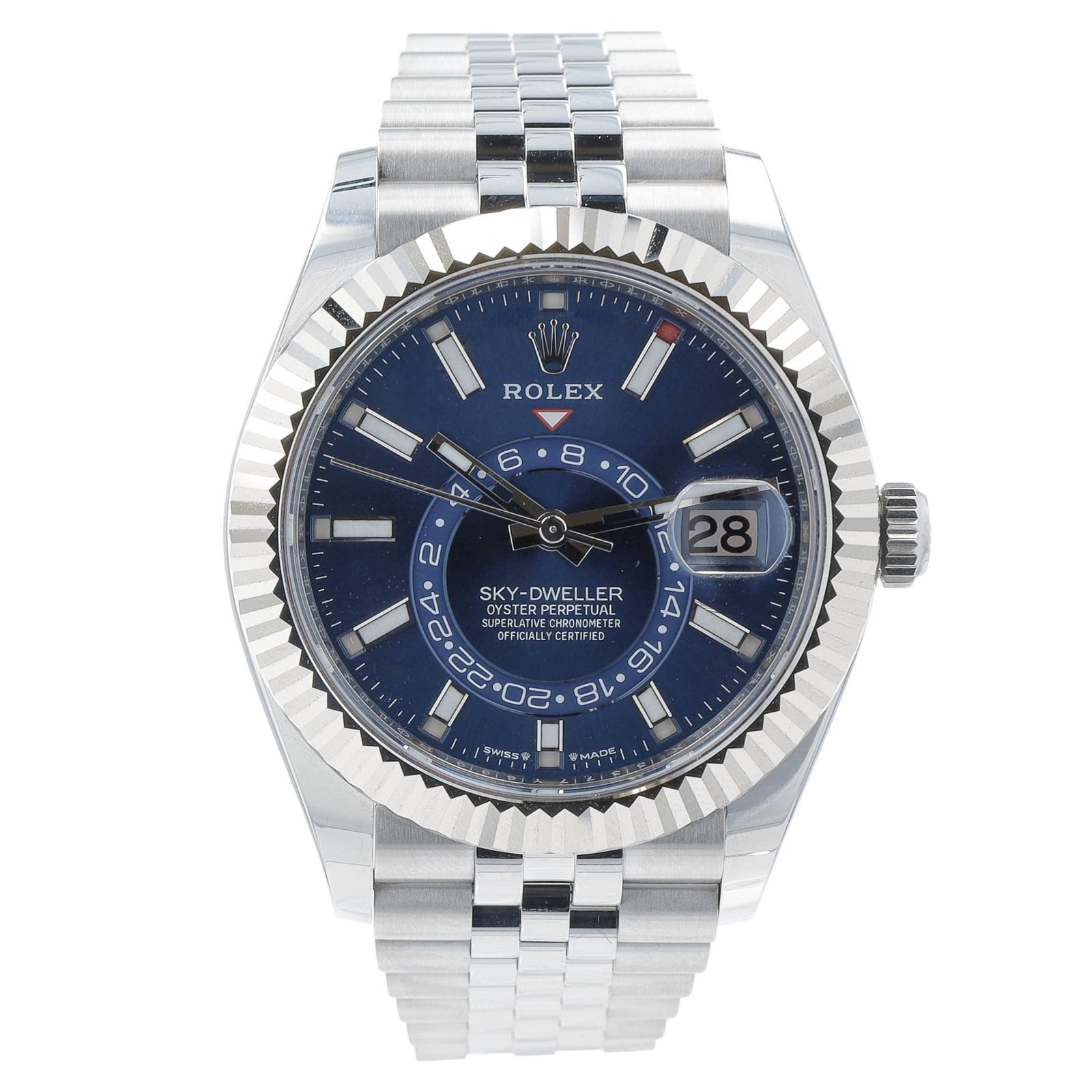 Rolex Mens Sky-Dweller 326934 42mm 18KW & Steel Blue Dial Jubilee Band Watch - Luxuriant Concierge