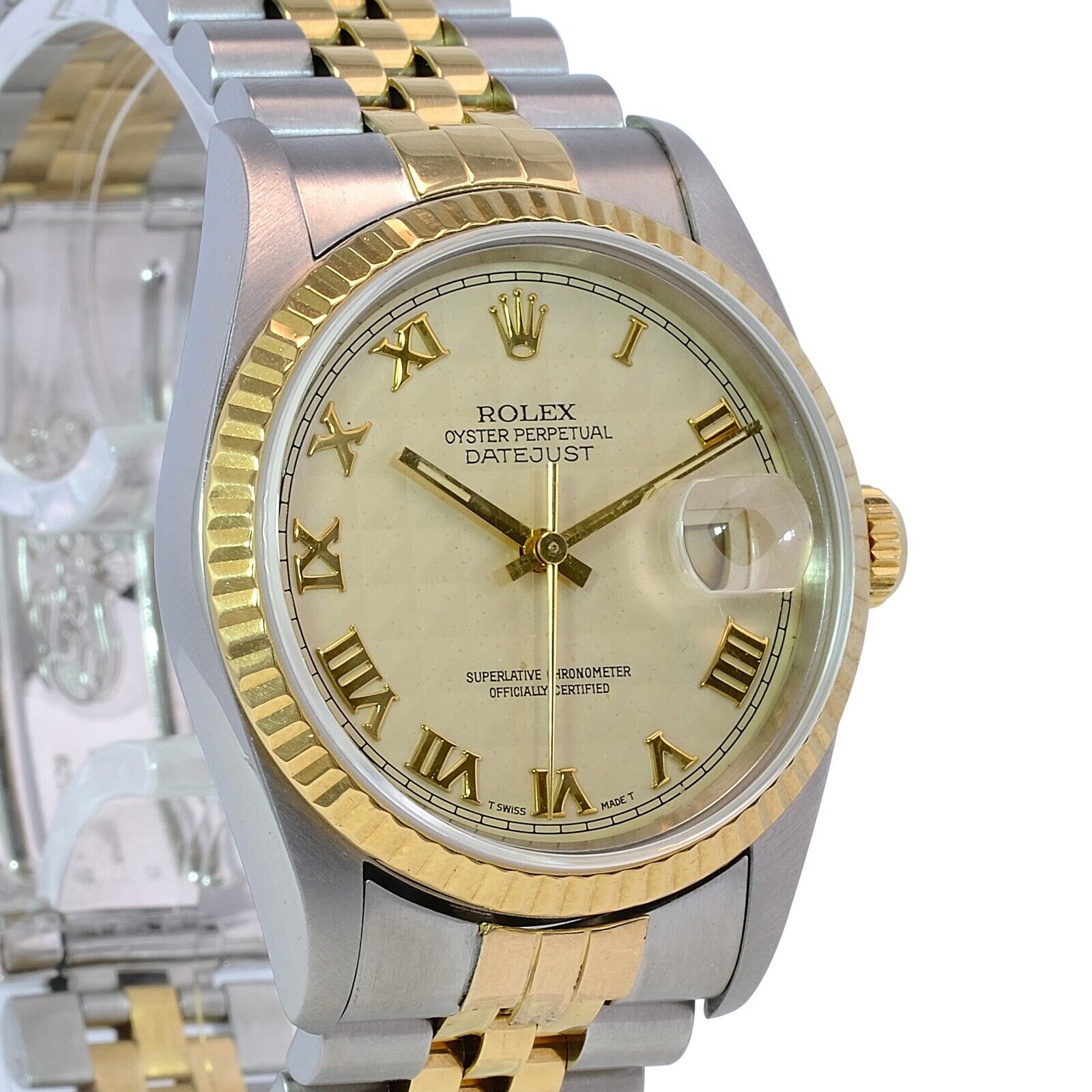 Rolex Datejust 16233 Mens Two-tone Pyramid Roman Dial 18ky Gold & Steel Watch - luxuriantconcierge