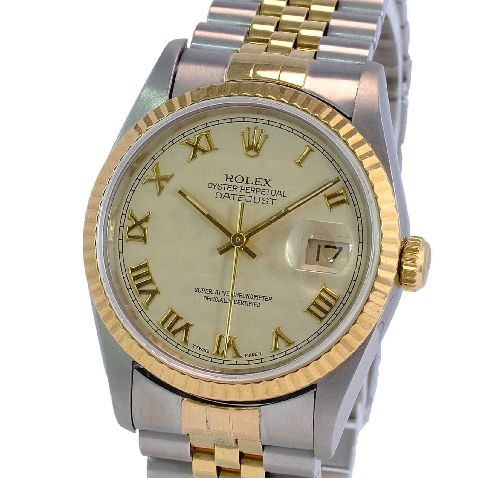 Rolex Datejust 16233 Mens Two-tone Pyramid Roman Dial 18ky Gold & Steel Watch - luxuriantconcierge