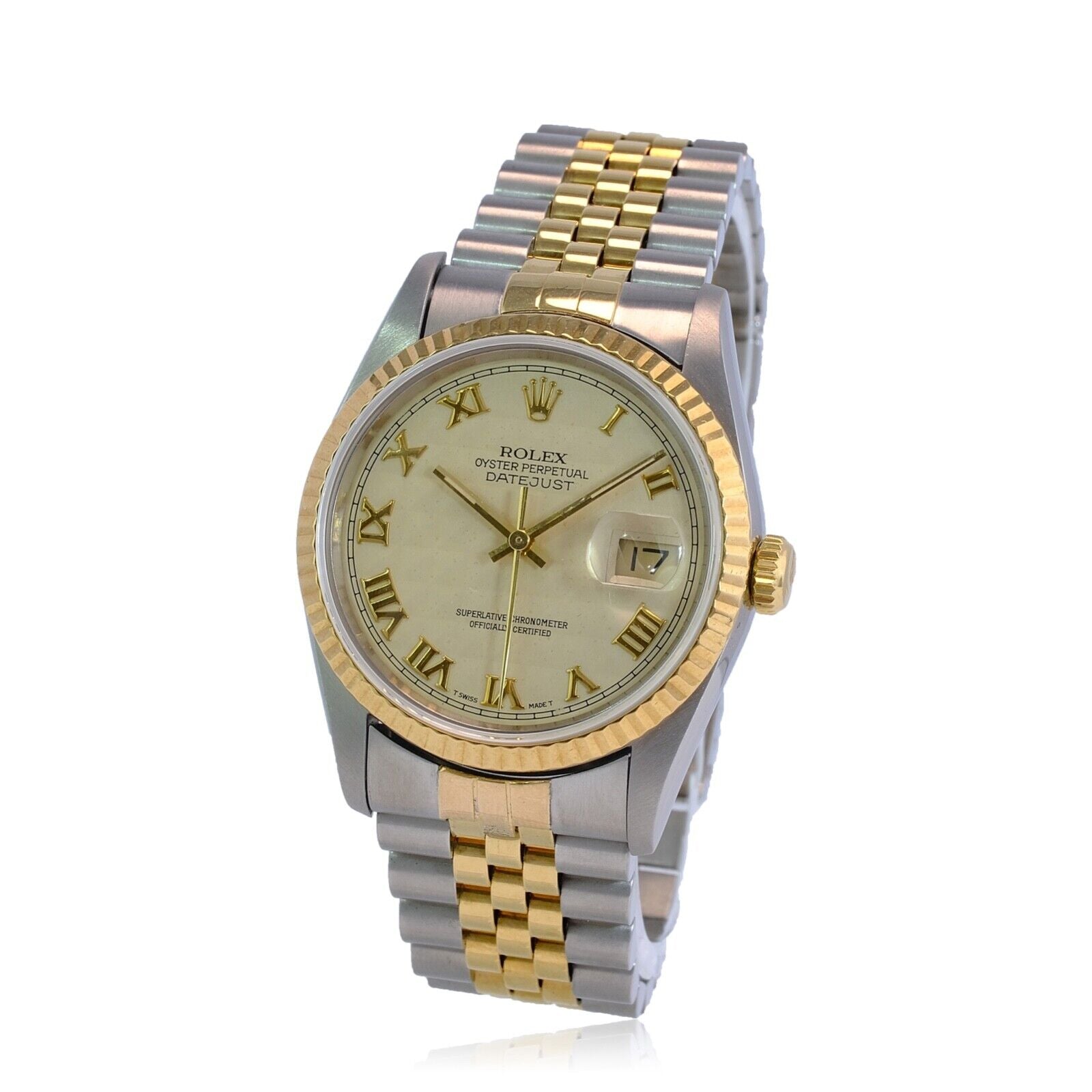 Rolex Datejust 16233 Mens Two-tone Pyramid Roman Dial 18ky Gold & Steel Watch - luxuriantconcierge