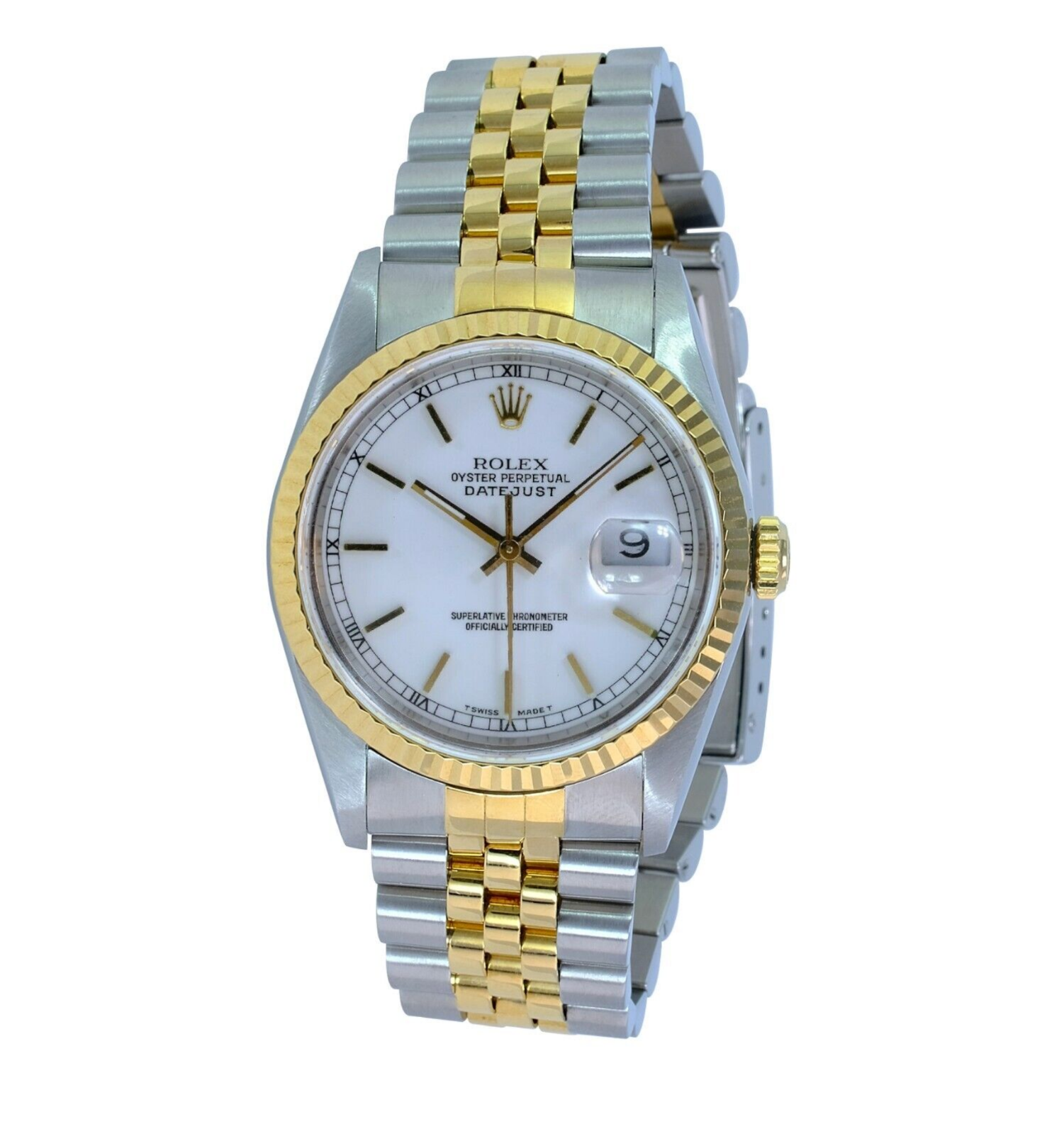 Rolex Men's Datejust White Index Dial 18KY Gold Fluted Bezel 36mm Watch W/ Box - luxuriantconcierge