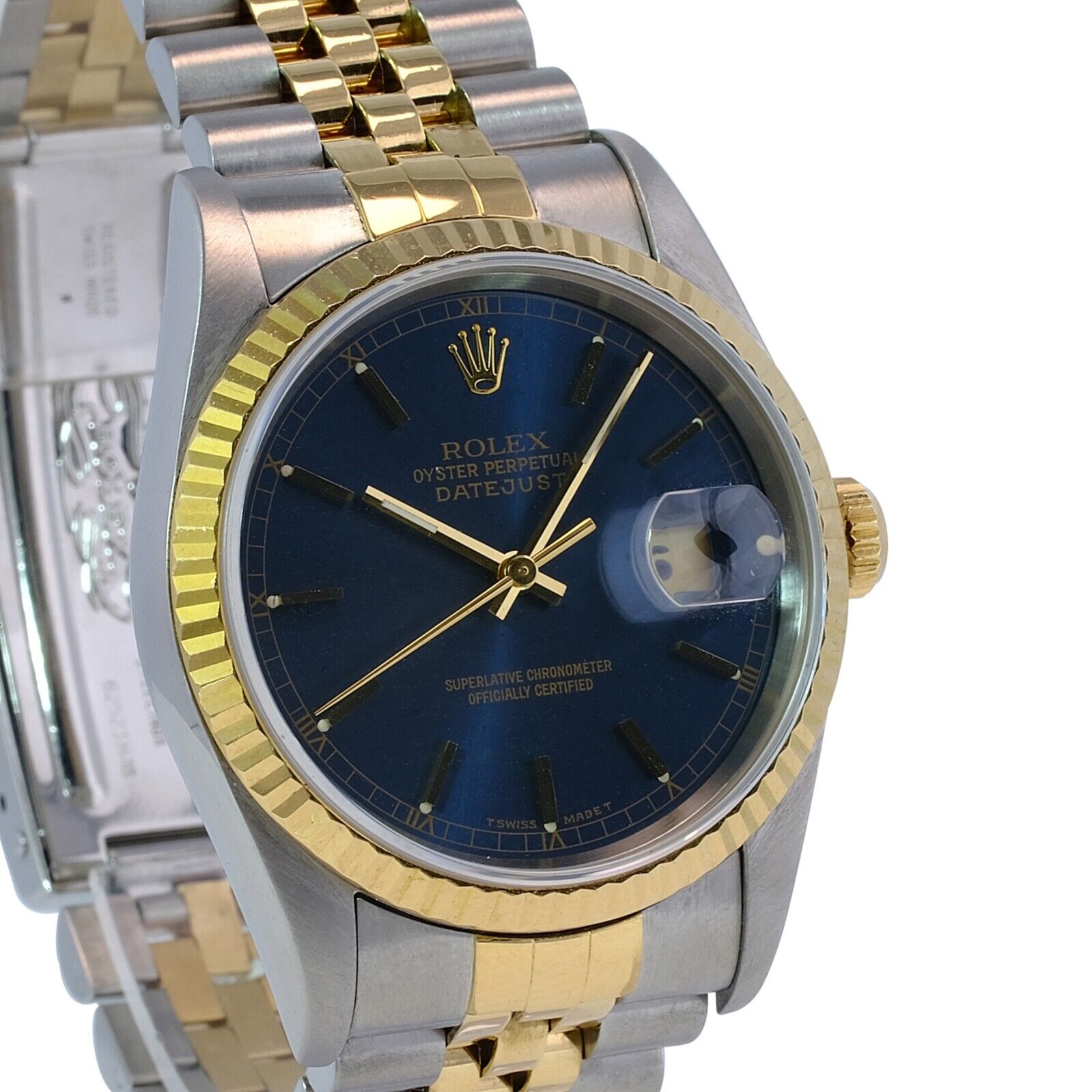 All Factory Rolex Datejust Mens 16233 18KY & SS Blue Index Dial Fluted Jubilee - luxuriantconcierge