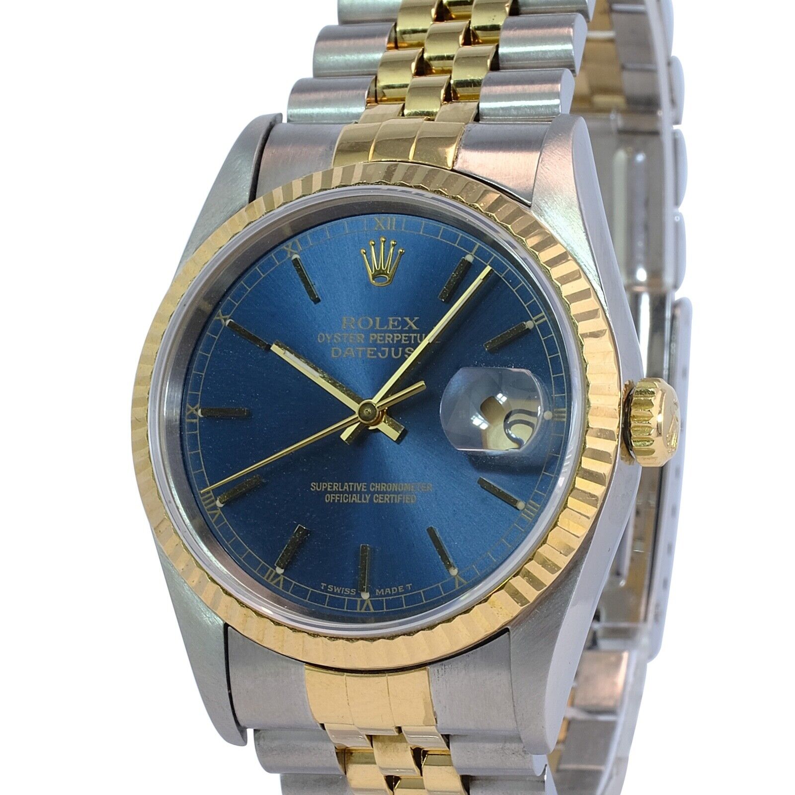 All Factory Rolex Datejust Mens 16233 18KY & SS Blue Index Dial Fluted Jubilee - luxuriantconcierge