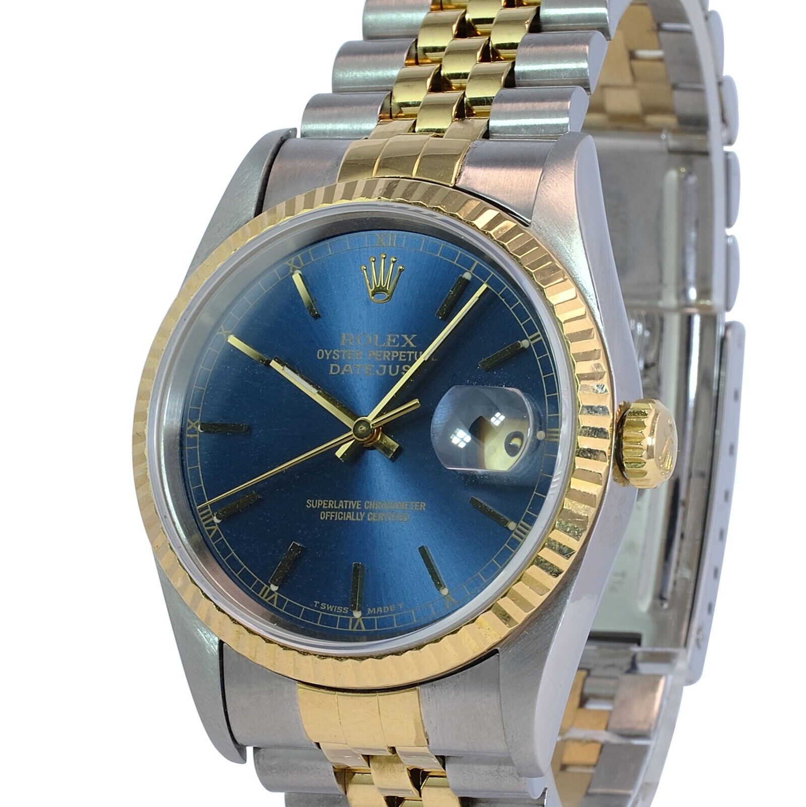 All Factory Rolex Datejust Mens 16233 18KY & SS Blue Index Dial Fluted Jubilee - luxuriantconcierge