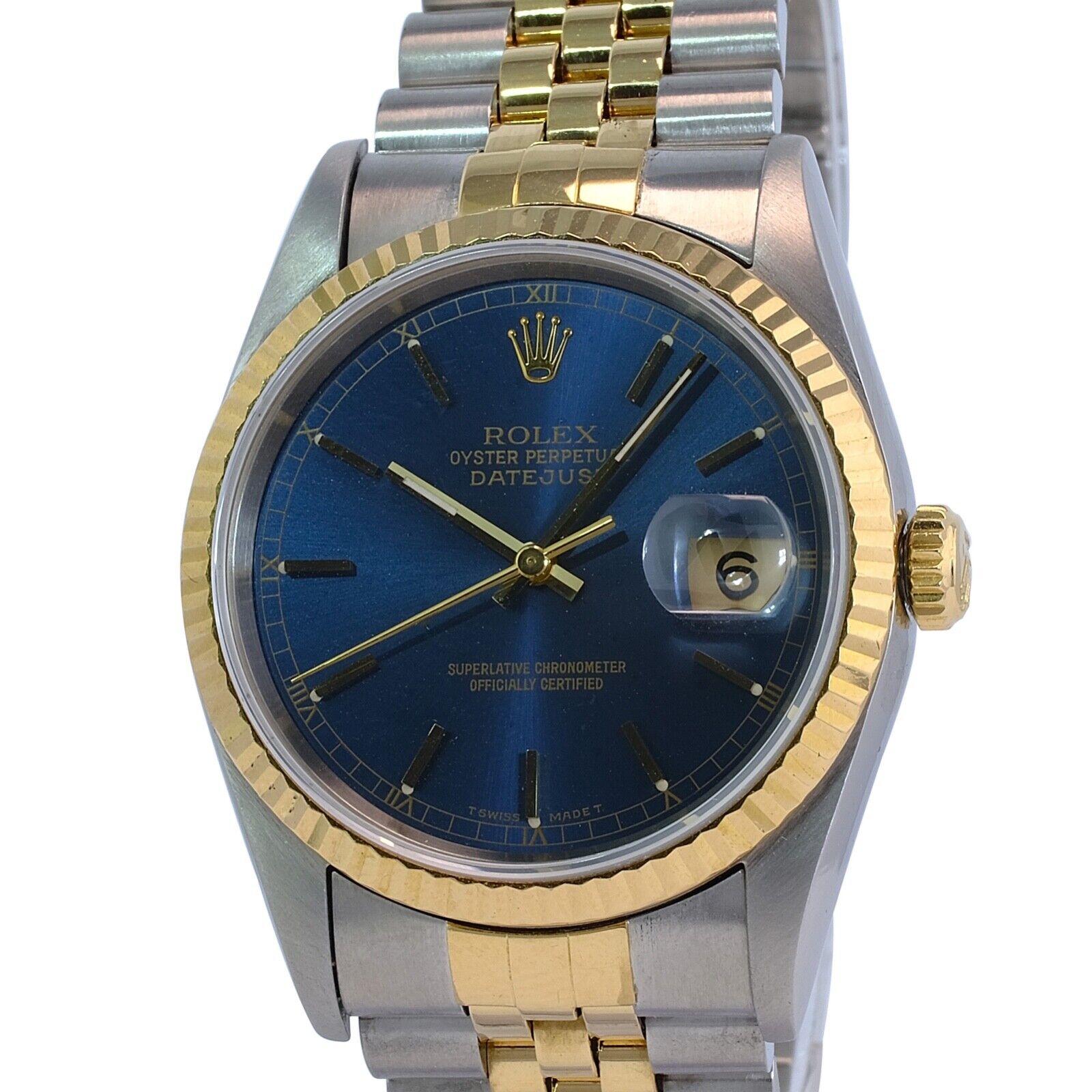 All Factory Rolex Datejust Mens 16233 18KY & SS Blue Index Dial Fluted Jubilee - luxuriantconcierge