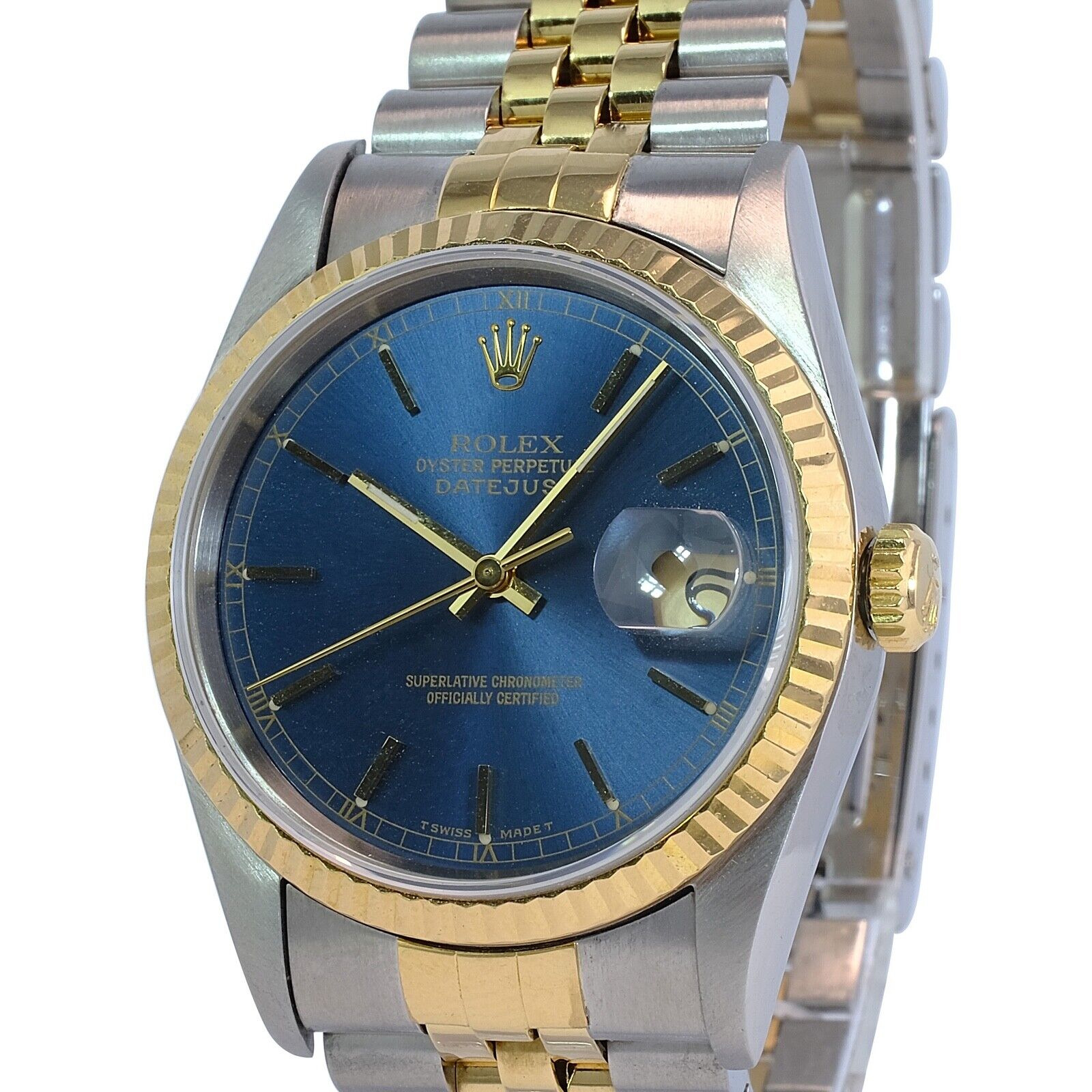 All Factory Rolex Datejust Mens 16233 18KY & SS Blue Index Dial Fluted Jubilee - luxuriantconcierge