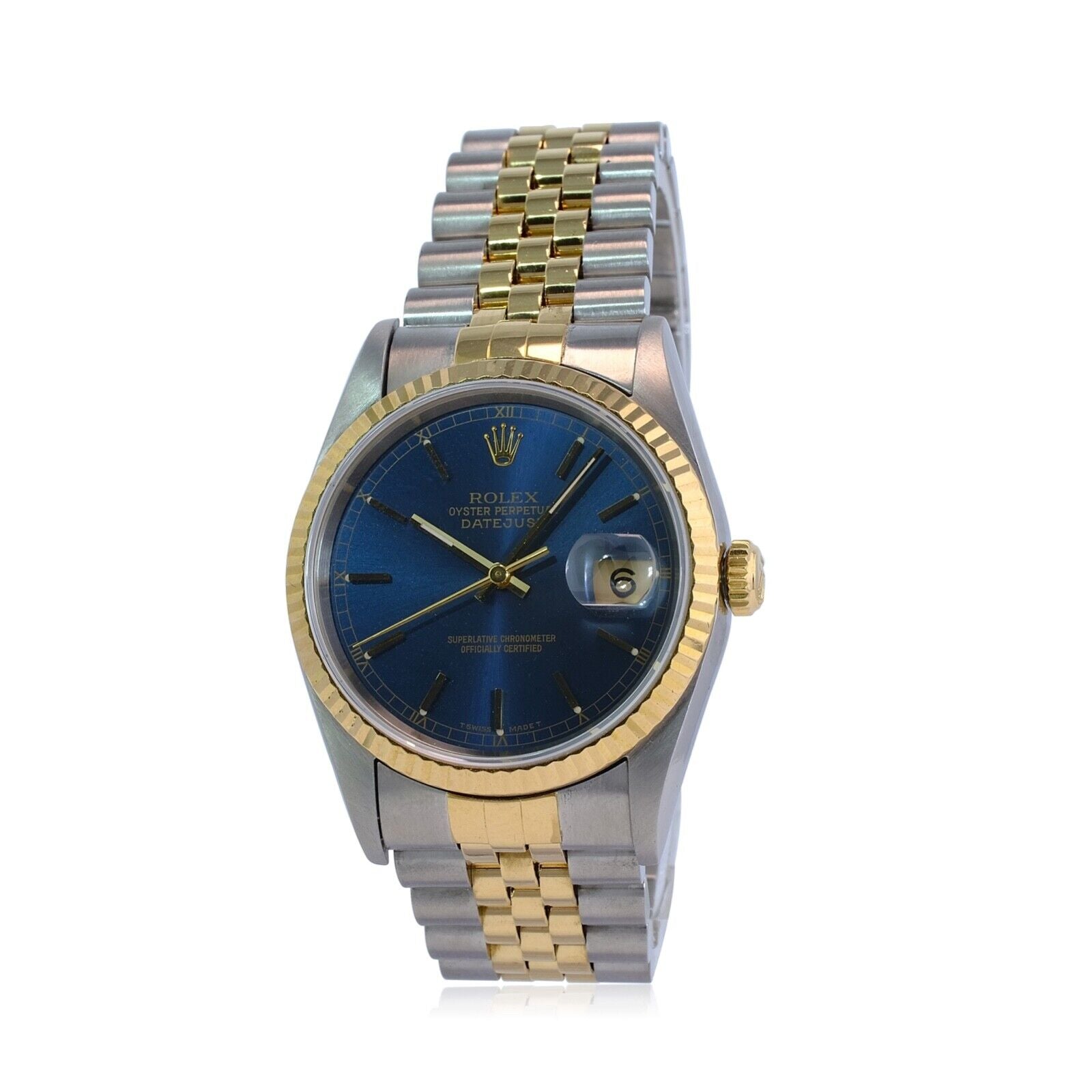 All Factory Rolex Datejust Mens 16233 18KY & SS Blue Index Dial Fluted Jubilee - luxuriantconcierge