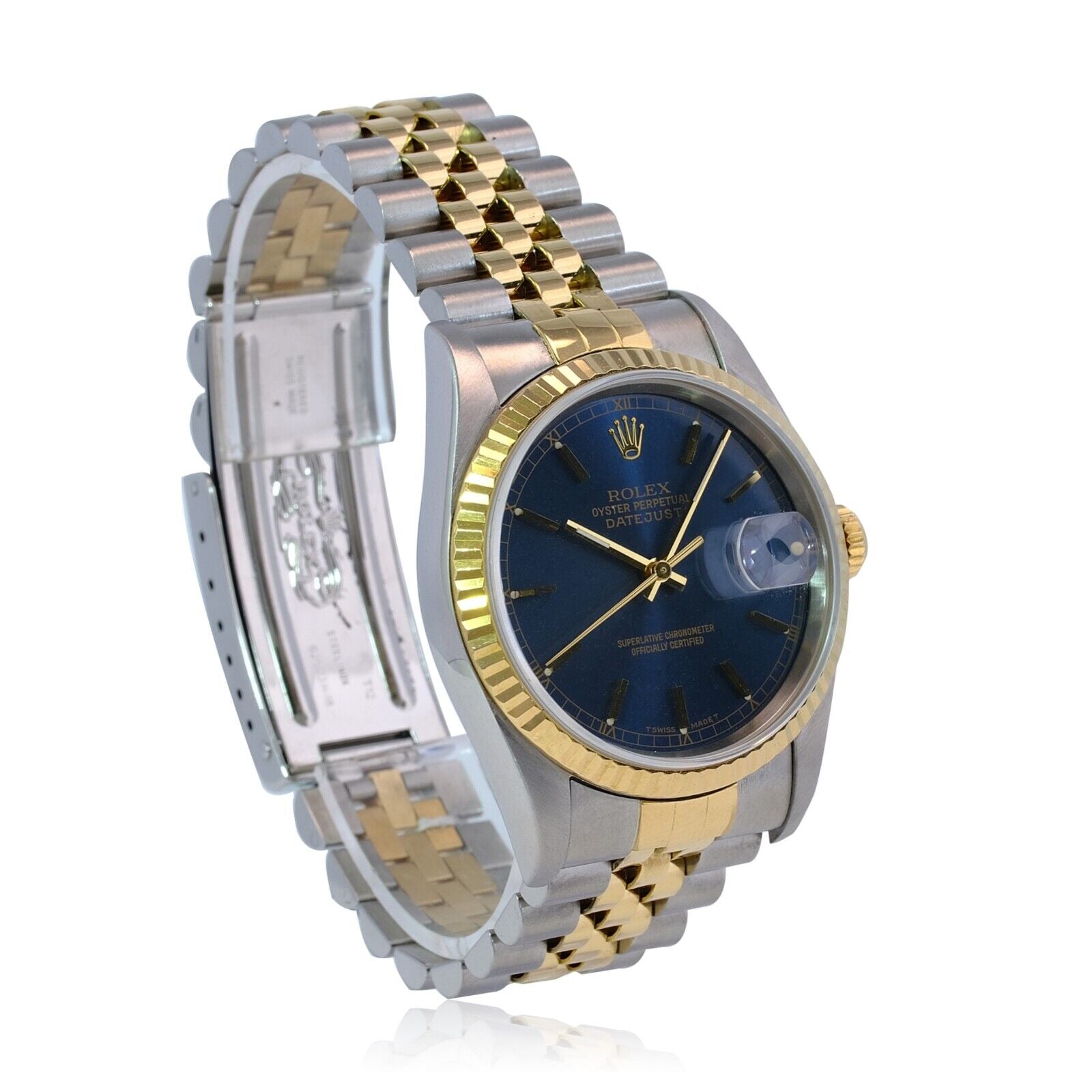 All Factory Rolex Datejust Mens 16233 18KY & SS Blue Index Dial Fluted Jubilee - luxuriantconcierge