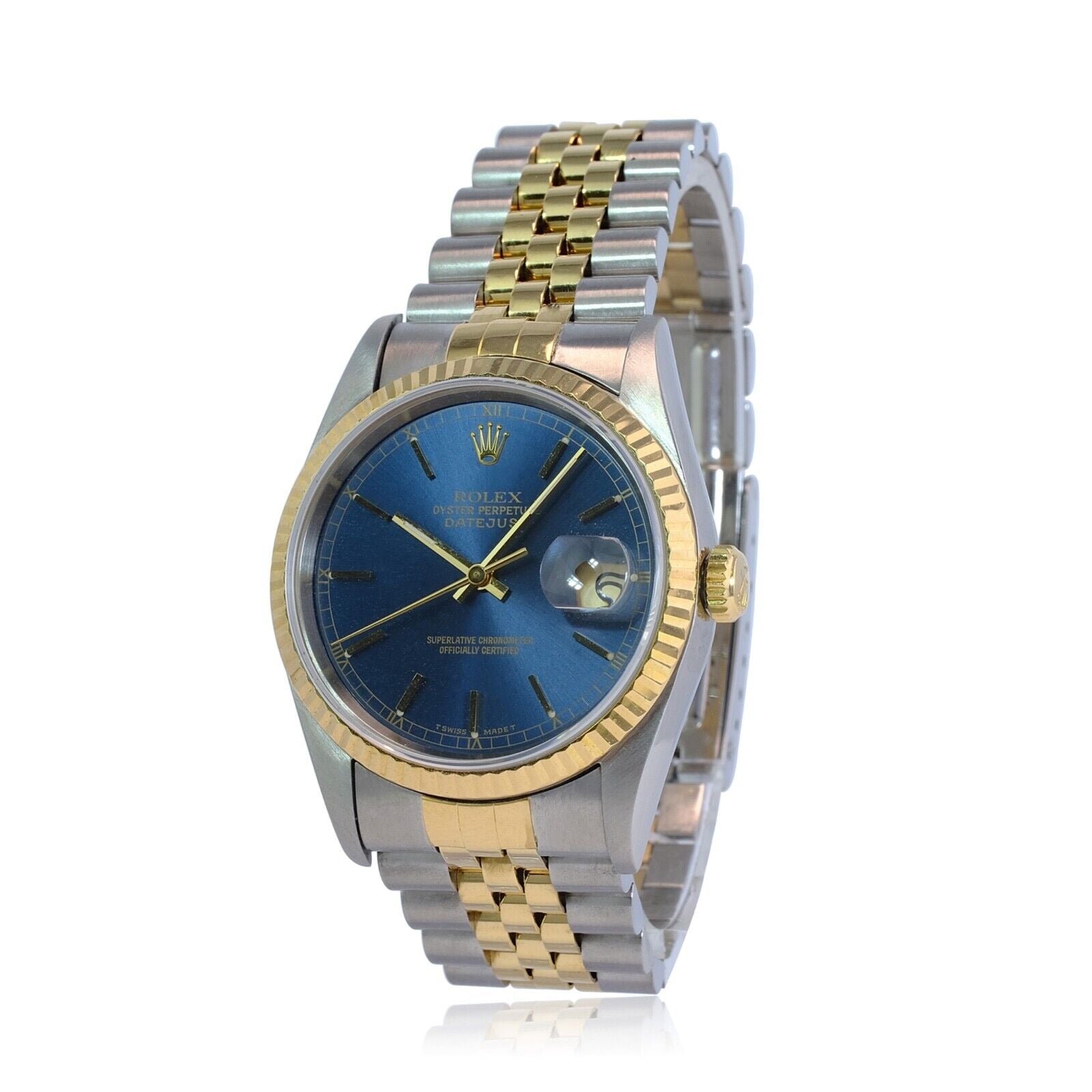 All Factory Rolex Datejust Mens 16233 18KY & SS Blue Index Dial Fluted Jubilee - luxuriantconcierge