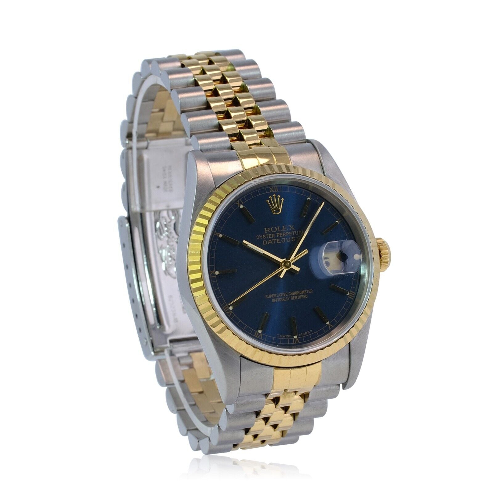 All Factory Rolex Datejust Mens 16233 18KY & SS Blue Index Dial Fluted Jubilee - luxuriantconcierge