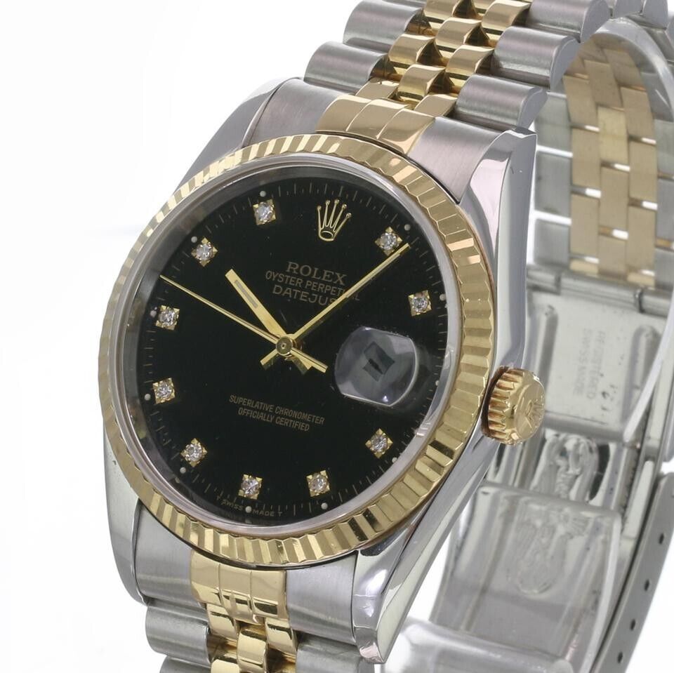 Rolex Men's Datejust Black Diamond Dial SS & 18KY Gold Fluted Bezel 36mm Watch - luxuriantconcierge