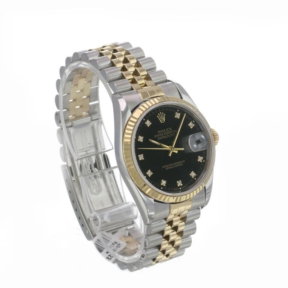 Rolex Men's Datejust Black Diamond Dial SS & 18KY Gold Fluted Bezel 36mm Watch - luxuriantconcierge