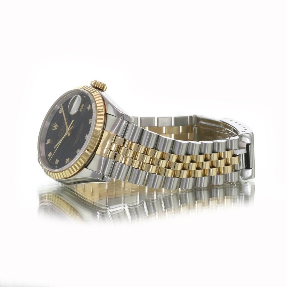 Rolex Men's Datejust Black Diamond Dial SS & 18KY Gold Fluted Bezel 36mm Watch - luxuriantconcierge