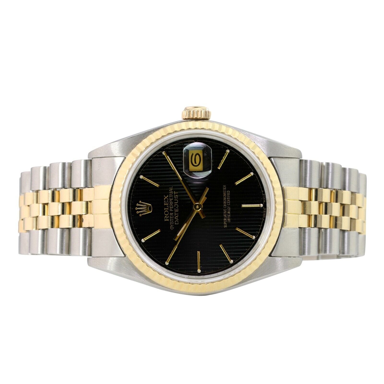 All Original Rolex Datejust Black Index Tapestry Dial Fluted Bezel Jubilee 36mm - luxuriantconcierge