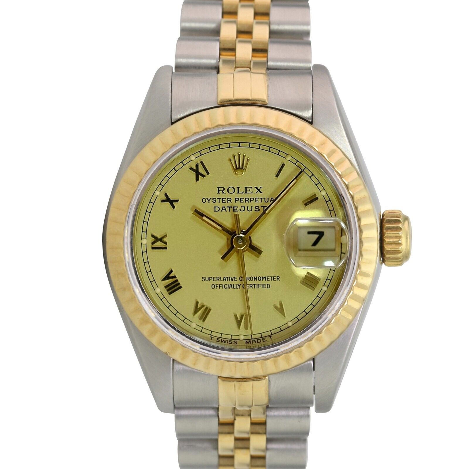 Rolex Lady Datejust Factory Champagne Roman Dial 18ky Bezel 26mm Watch - luxuriantconcierge