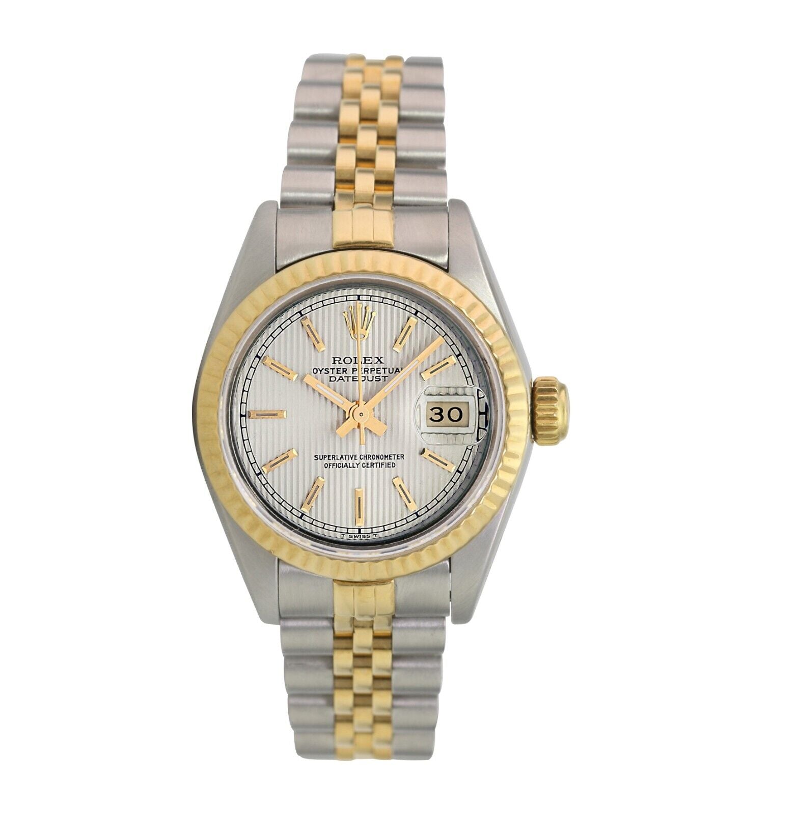 Rolex Ladies Datejust 69173 Cream Tapestry Dial 18ky Fluted Jubilee Watch - luxuriantconcierge