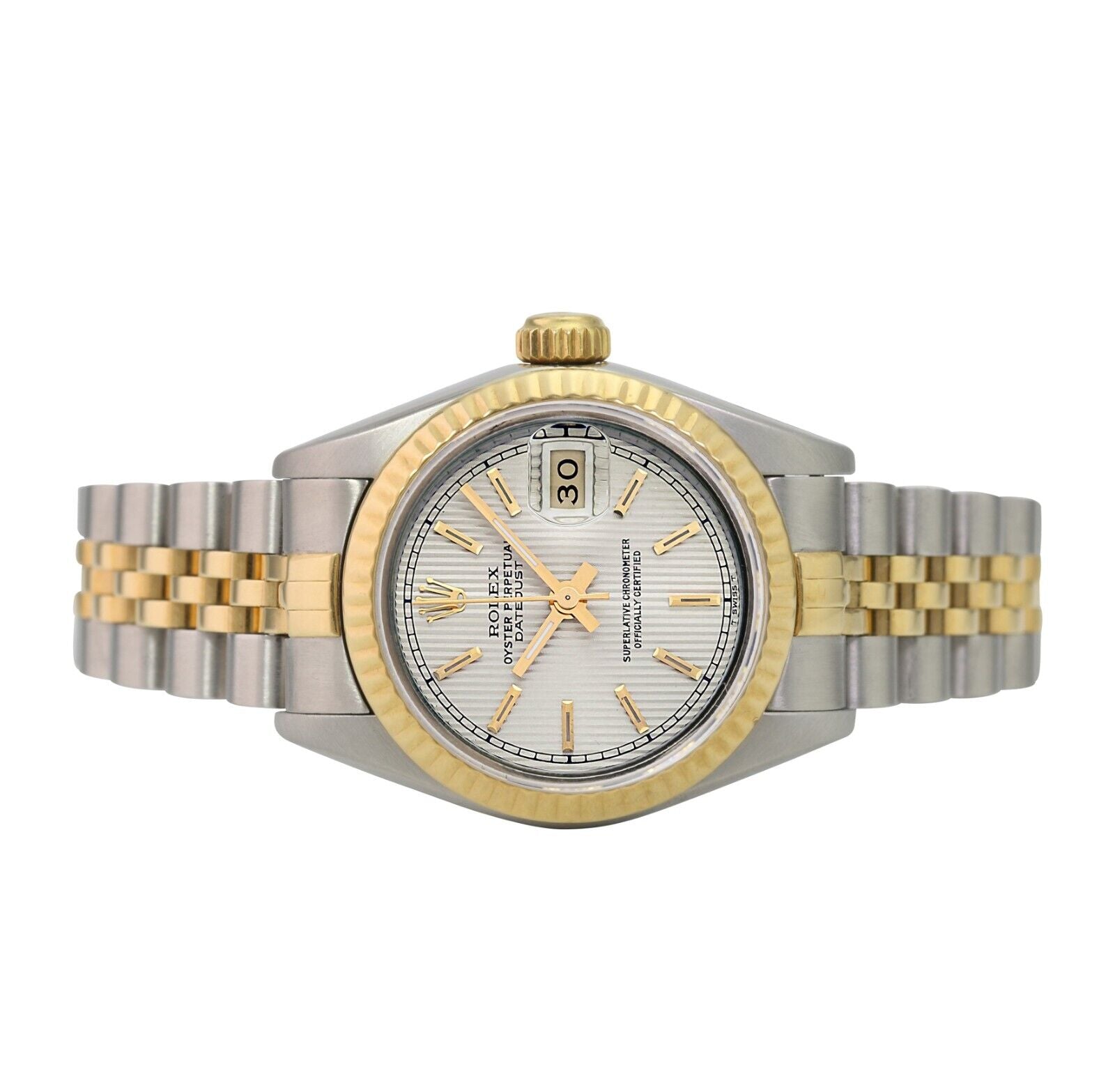 Rolex Ladies Datejust 69173 Cream Tapestry Dial 18ky Fluted Jubilee Watch - luxuriantconcierge