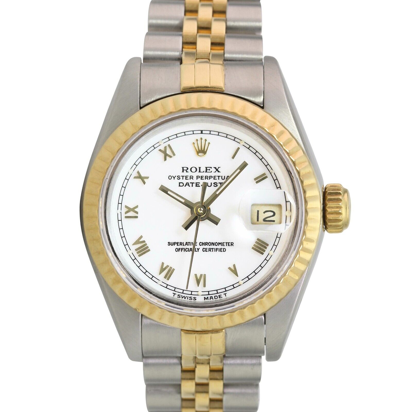 Rolex Ladies Datejust 69173 White Roman Dial 18ky Fluted Jubilee Band Watch 26mm - luxuriantconcierge