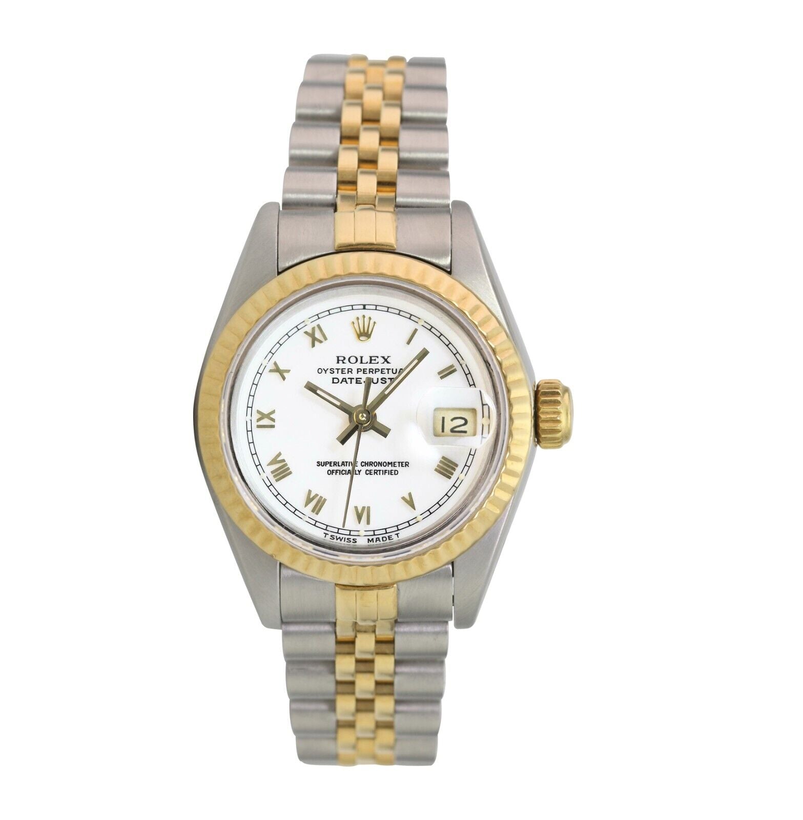 Rolex Ladies Datejust 69173 White Roman Dial 18ky Fluted Jubilee Band Watch 26mm - luxuriantconcierge