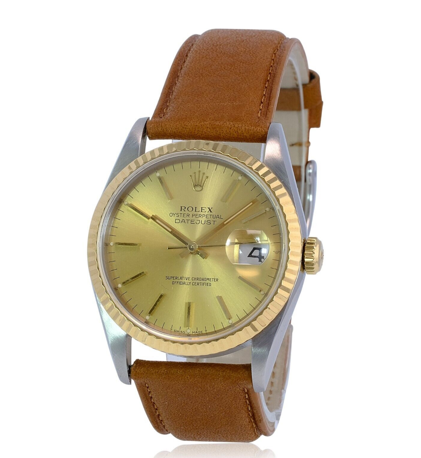 Rolex Men's Datejust 16233 Champagne Dial Fluted Bezel Leather Band 36mm Watch - luxuriantconcierge