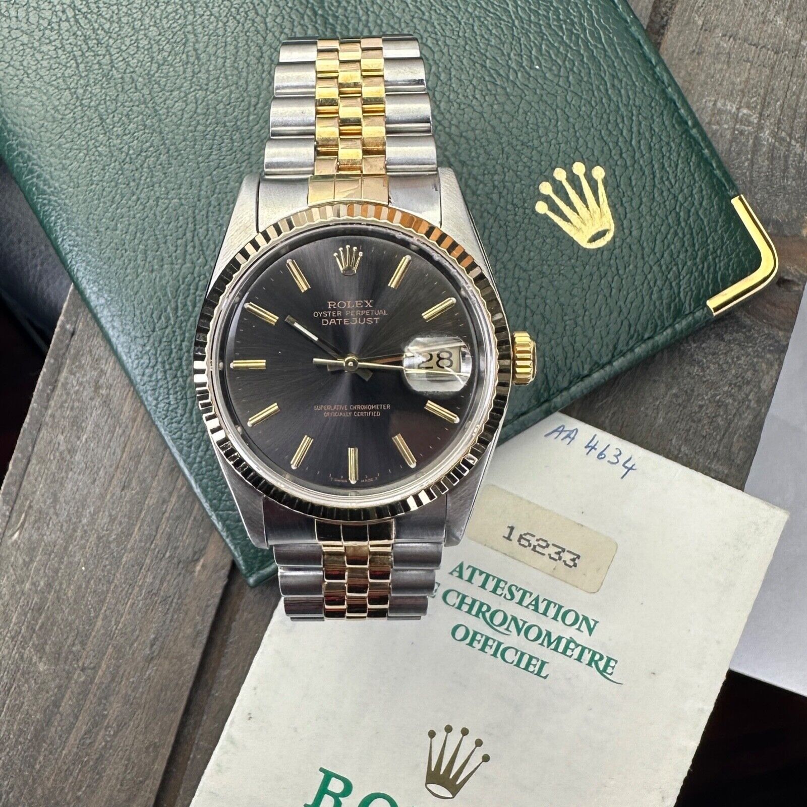 ROLEX DATEJUST RARE BLACK-GRAY DIAL GOLD & STEEL JUBILEE 16233 BOX&PAPER - Luxuriant Concierge